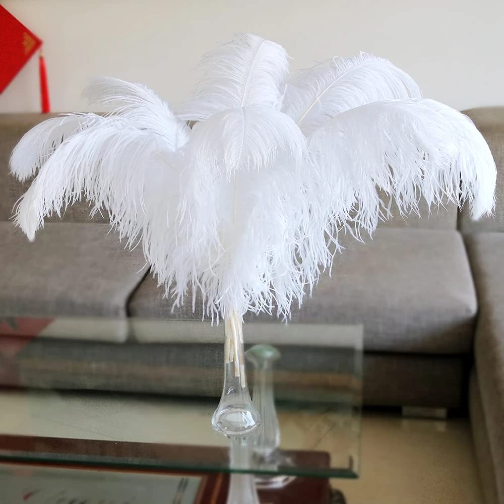10pcs Large Ostrich Feathers 16-18 inch 40-45 cm Fluffy Feather for Crafts Home Party Decoration Wedding Centerpieces Clothes Vase Decor (White)