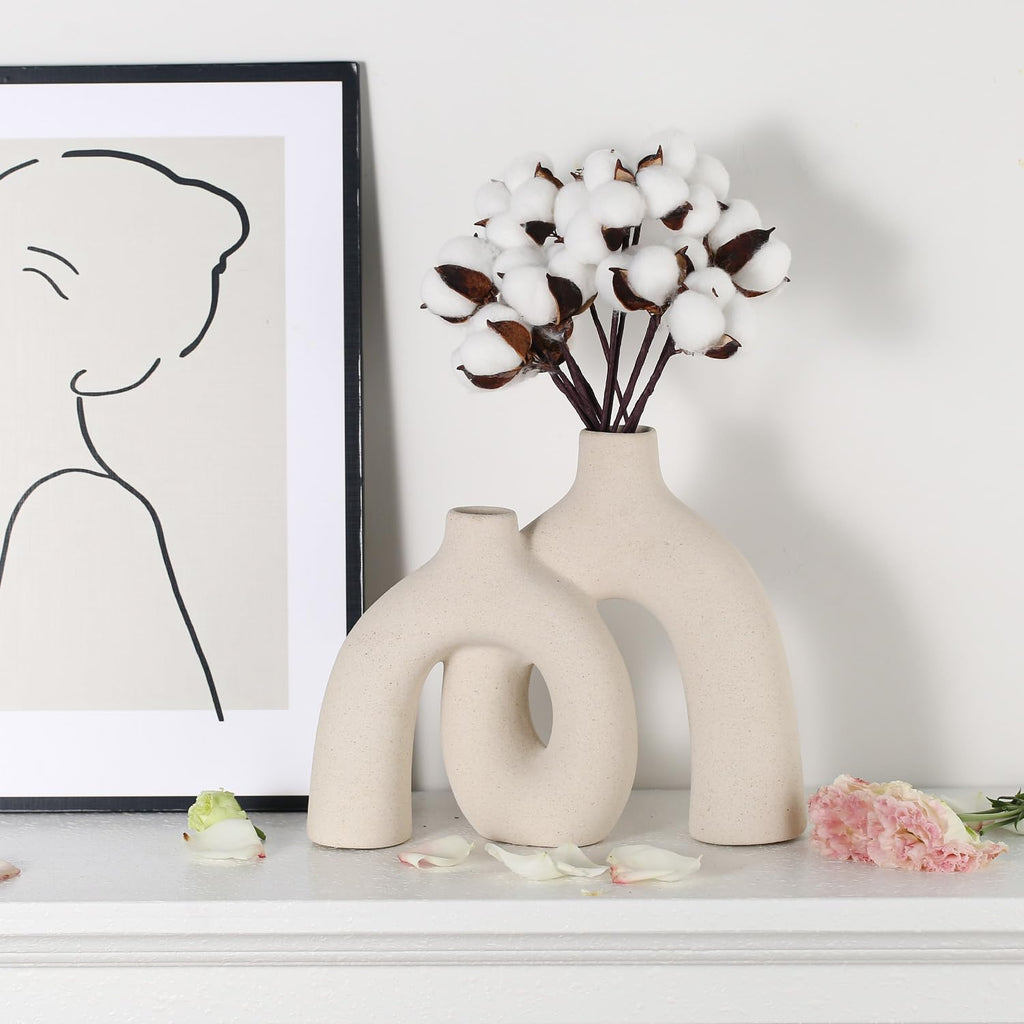 Ceramic Vase, Nordic Modern Boho in Style Decorative Ceramic Aesthetic Flower Vase for Home Decor (Beige)