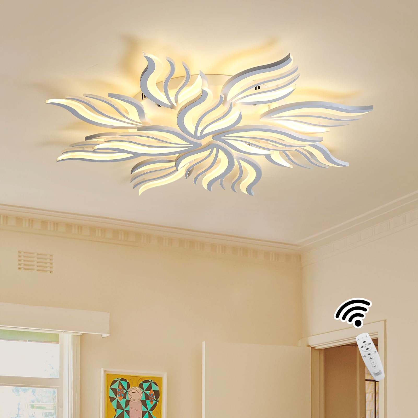 Becailyer Modern Flower Ceiling Light, 29.5" Flush Mount Ceiling Lamp, 50W Dimmable LED Ceiling Lighting Fixtures, 5-Petals Acrylic Close to Ceiling Light for Living Room Bedroom Dining Room, White