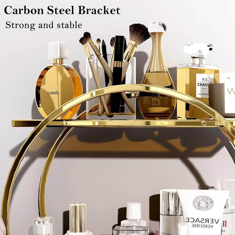 2-Tier Makeup Organizer - Modern Elegant Black & Gold Countertop Perfume & Cosmetics Display Shelf