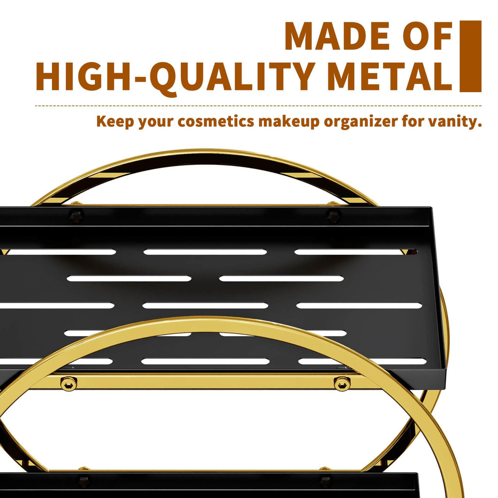 2-Tier Makeup Organizer - Modern Elegant Black & Gold Countertop Perfume & Cosmetics Display Shelf