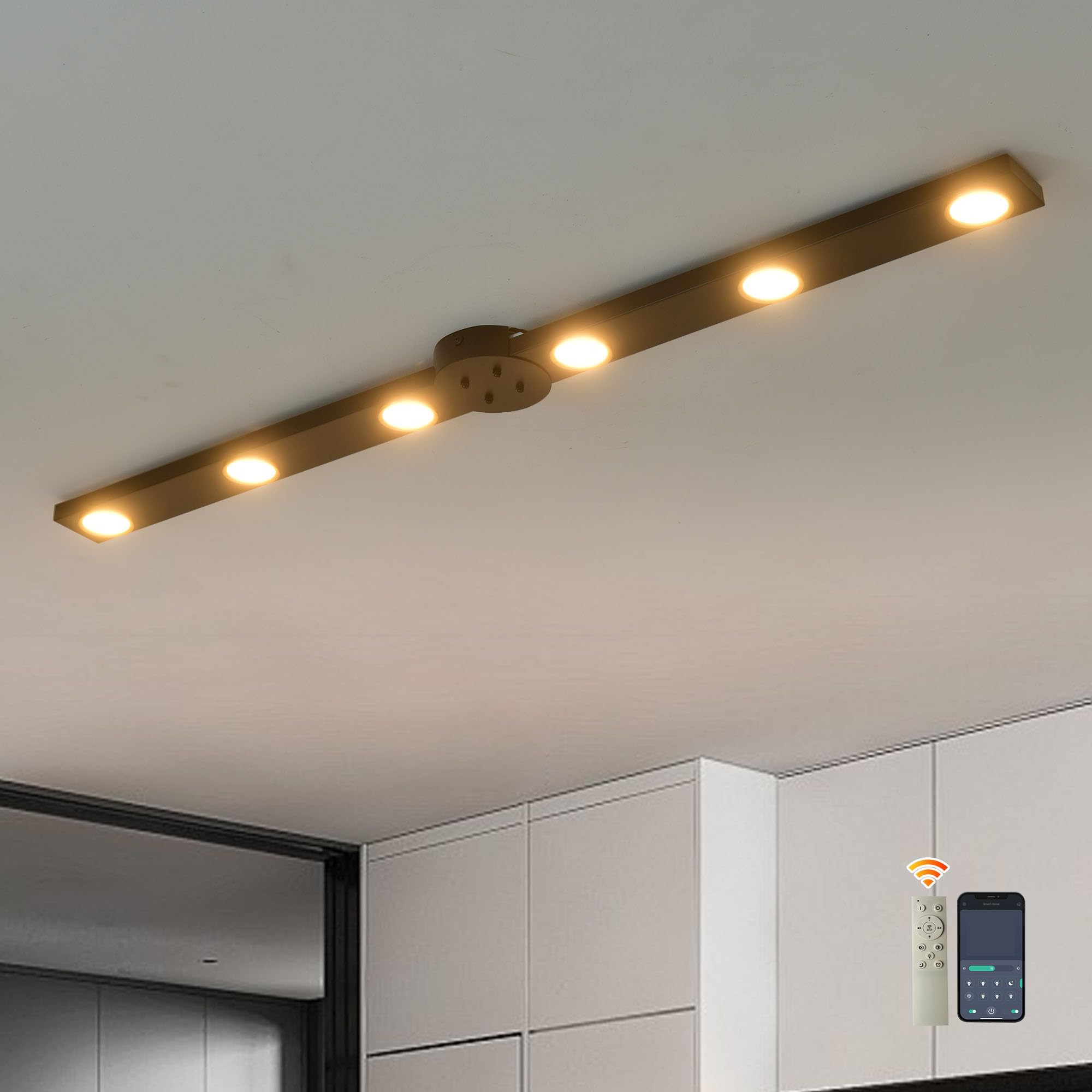 Garwarm Modern Ceiling Light Track Lighting, 31.5 Inch Dimmable LED Kitchen Ceiling Light Fixture with Remote 4-Light LED Chandelier for Bedroom Dining Room Black