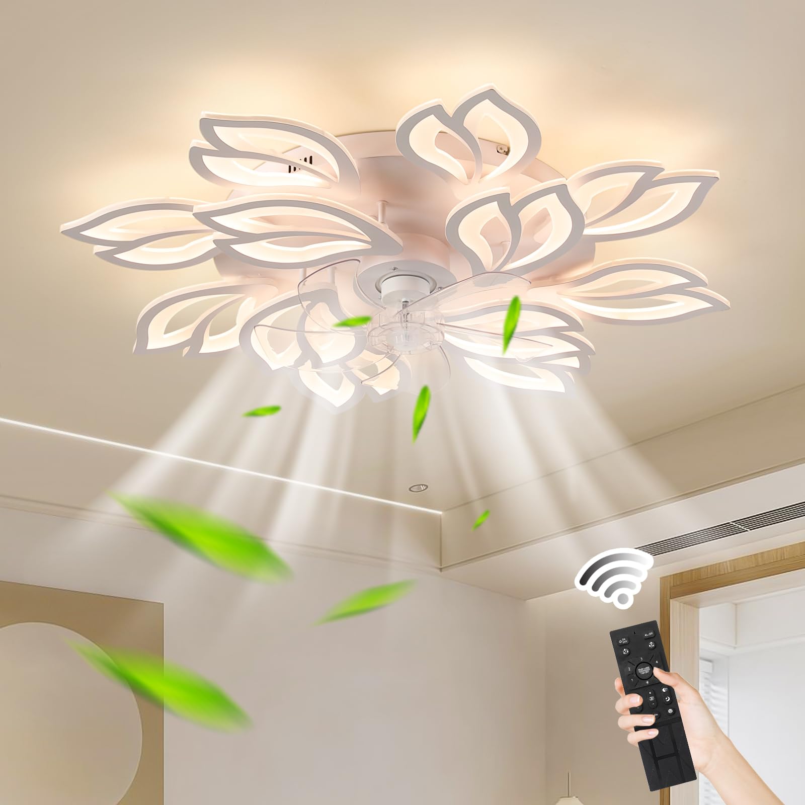 Becailyer 31.4" Modern Ceiling Fan with Lights, LED Flush Mount Ceiling Fans with Remote Control, Dimmable Reversible 3 Colors 6 Speeds, Low Profile 12-Leaves Ceiling Fan for Living Room, Black