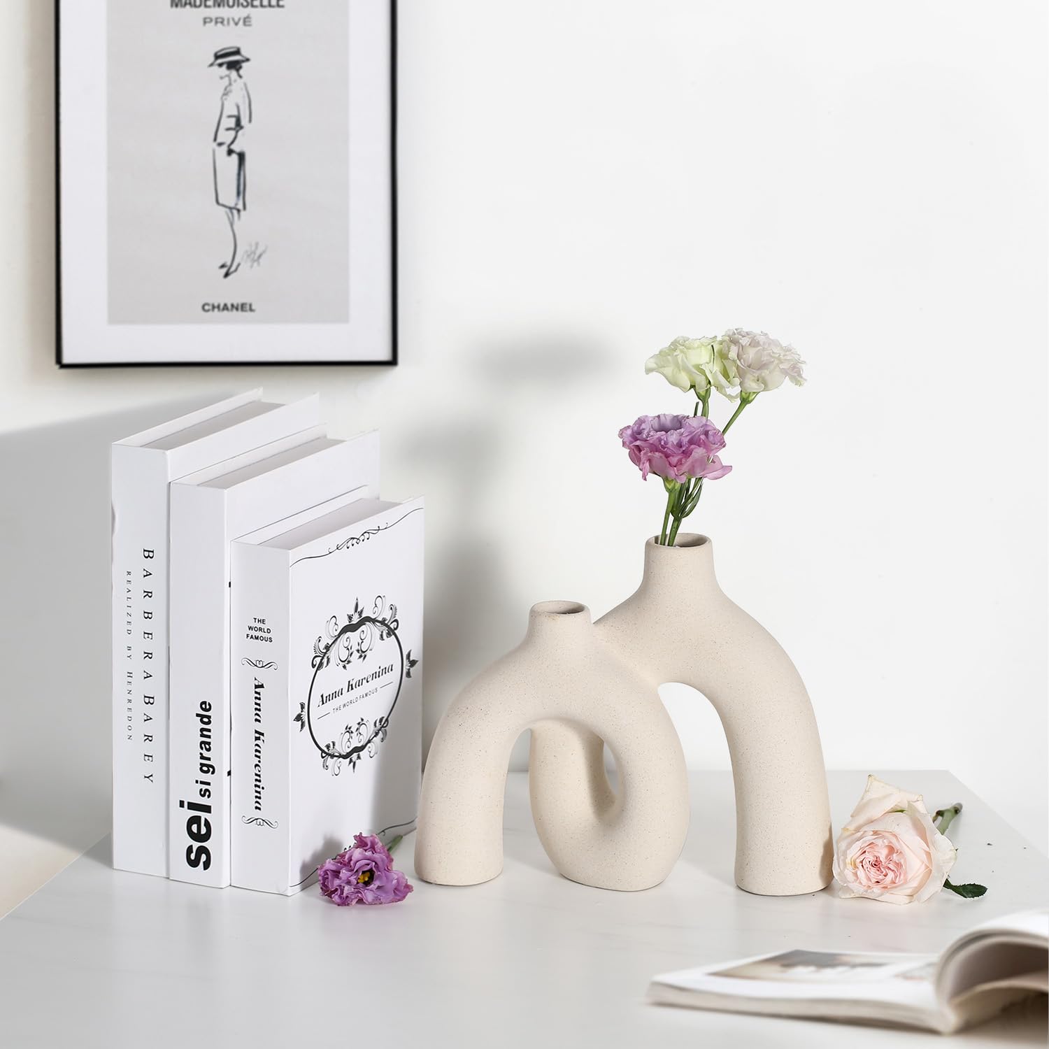 Ceramic Vase, Nordic Modern Boho in Style Decorative Ceramic Aesthetic Flower Vase for Home Decor (Beige)