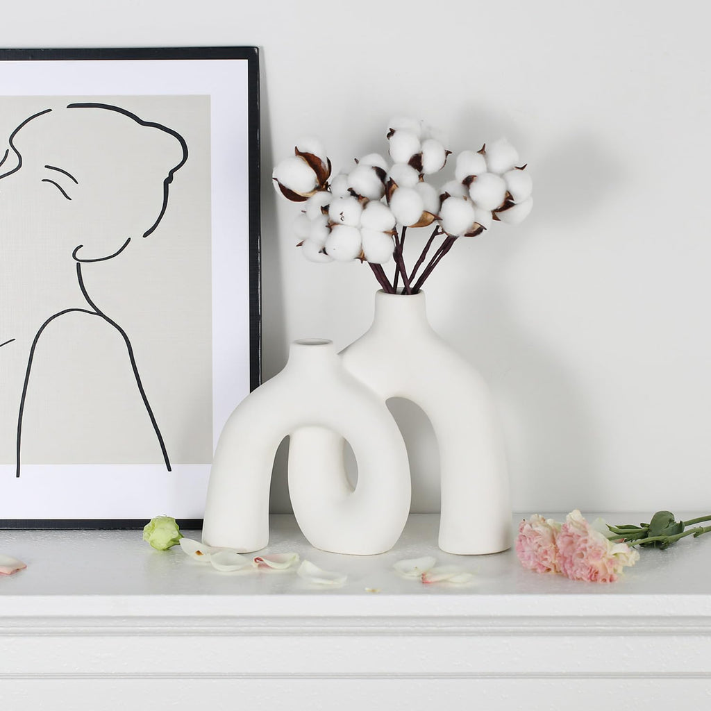 Ceramic Vase, Nordic Modern Boho in Style Decorative Ceramic Aesthetic Flower Vase for Home Decor (Beige)