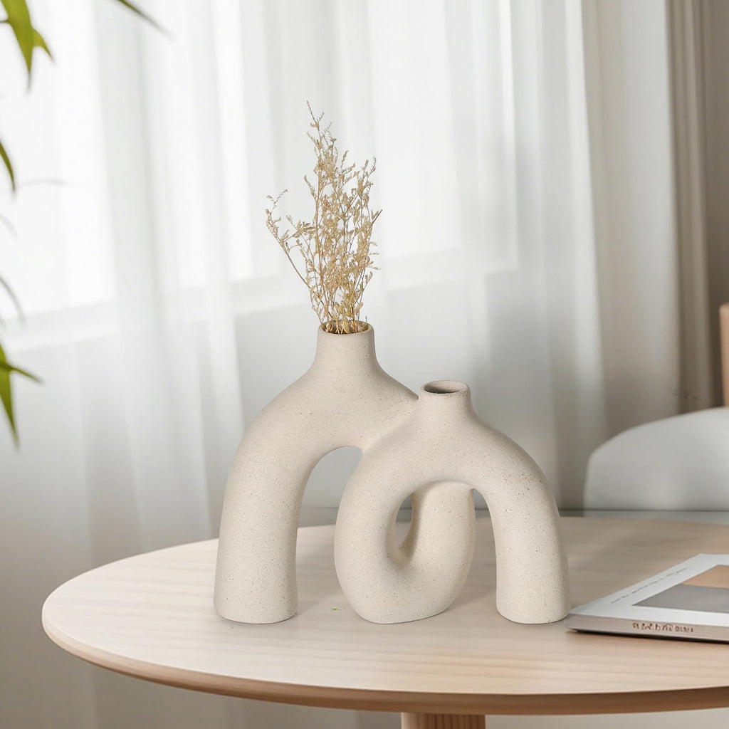 Ceramic Vase, Nordic Modern Boho in Style Decorative Ceramic Aesthetic Flower Vase for Home Decor (Beige)