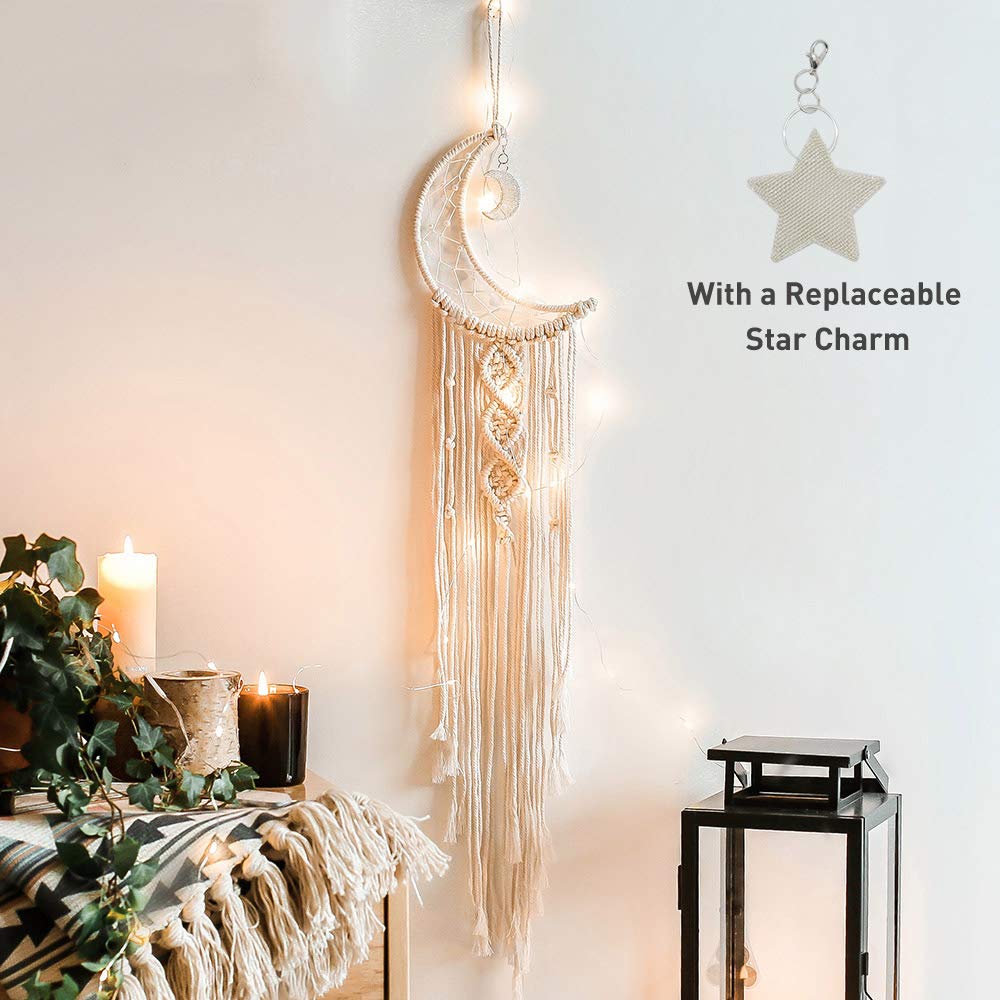 Boho Macrame Woven Wall Hanging, Crochet Crescent Moon Star Dream Catcher with Long Tassel- White Cotton Cord Handmade Bohemian Home Decor Ornament Decoration Art Craft Gift for Kids Bedroom (White)