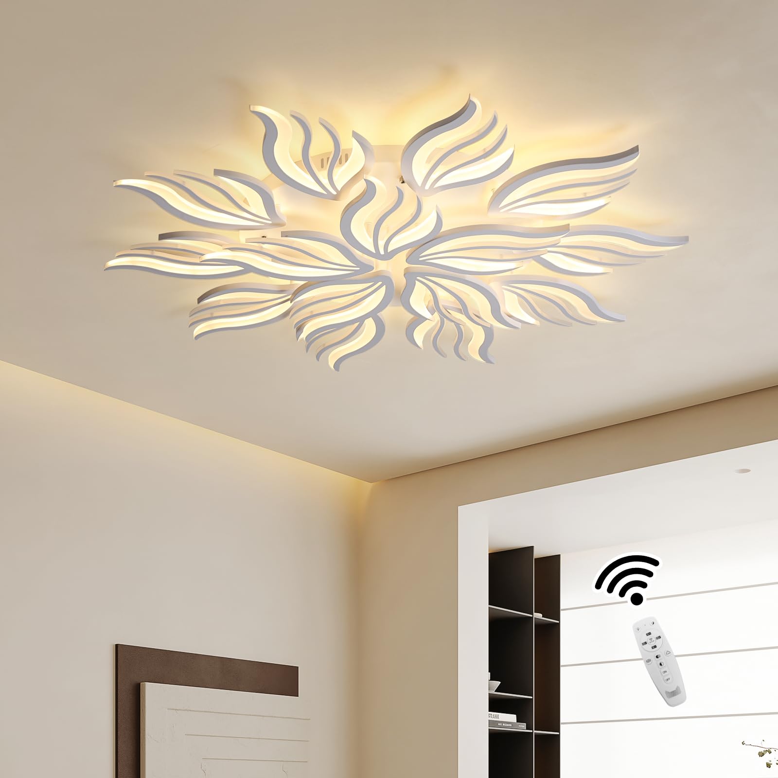 Becailyer Modern Flower Ceiling Light, 29.5" Flush Mount Ceiling Lamp, 50W Dimmable LED Ceiling Lighting Fixtures, 5-Petals Acrylic Close to Ceiling Light for Living Room Bedroom Dining Room, White