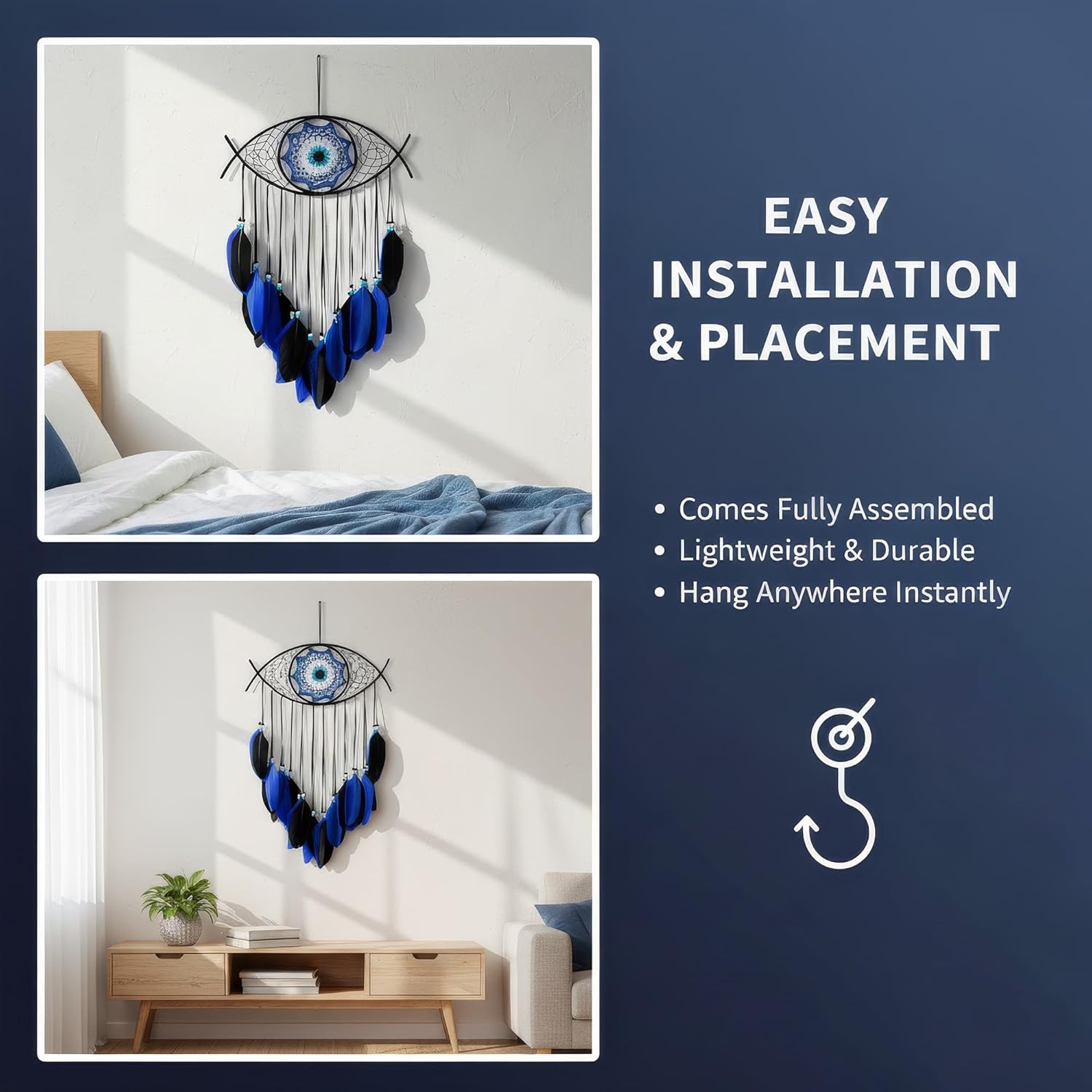 Evil Eye Dream Catcher - Handmade Feather Wall Hanging Decor for Protection, Good Luck & Home Blessing