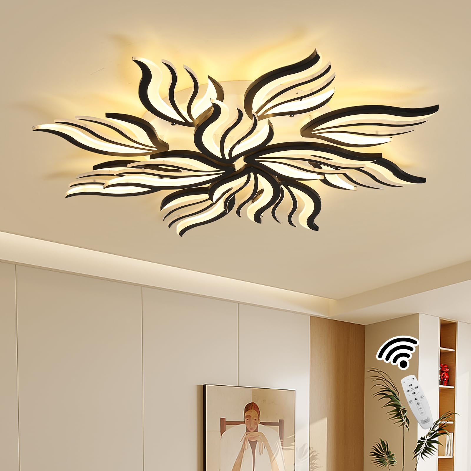 Becailyer Modern Flower Ceiling Light, 29.5" Flush Mount Ceiling Lamp, 50W Dimmable LED Ceiling Lighting Fixtures, 5-Petals Acrylic Close to Ceiling Light for Living Room Bedroom Dining Room, White