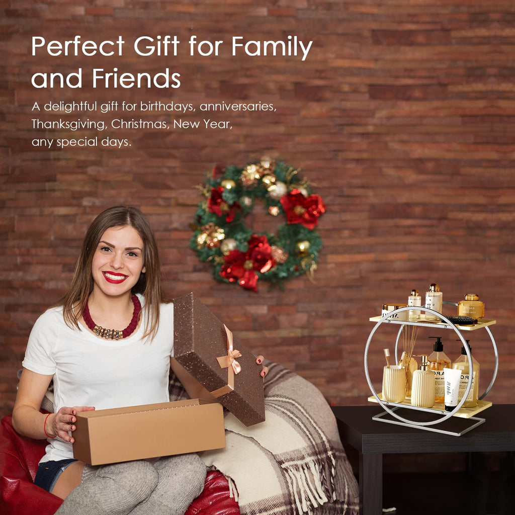 2-Tier Makeup Organizer - Modern Elegant Black & Gold Countertop Perfume & Cosmetics Display Shelf