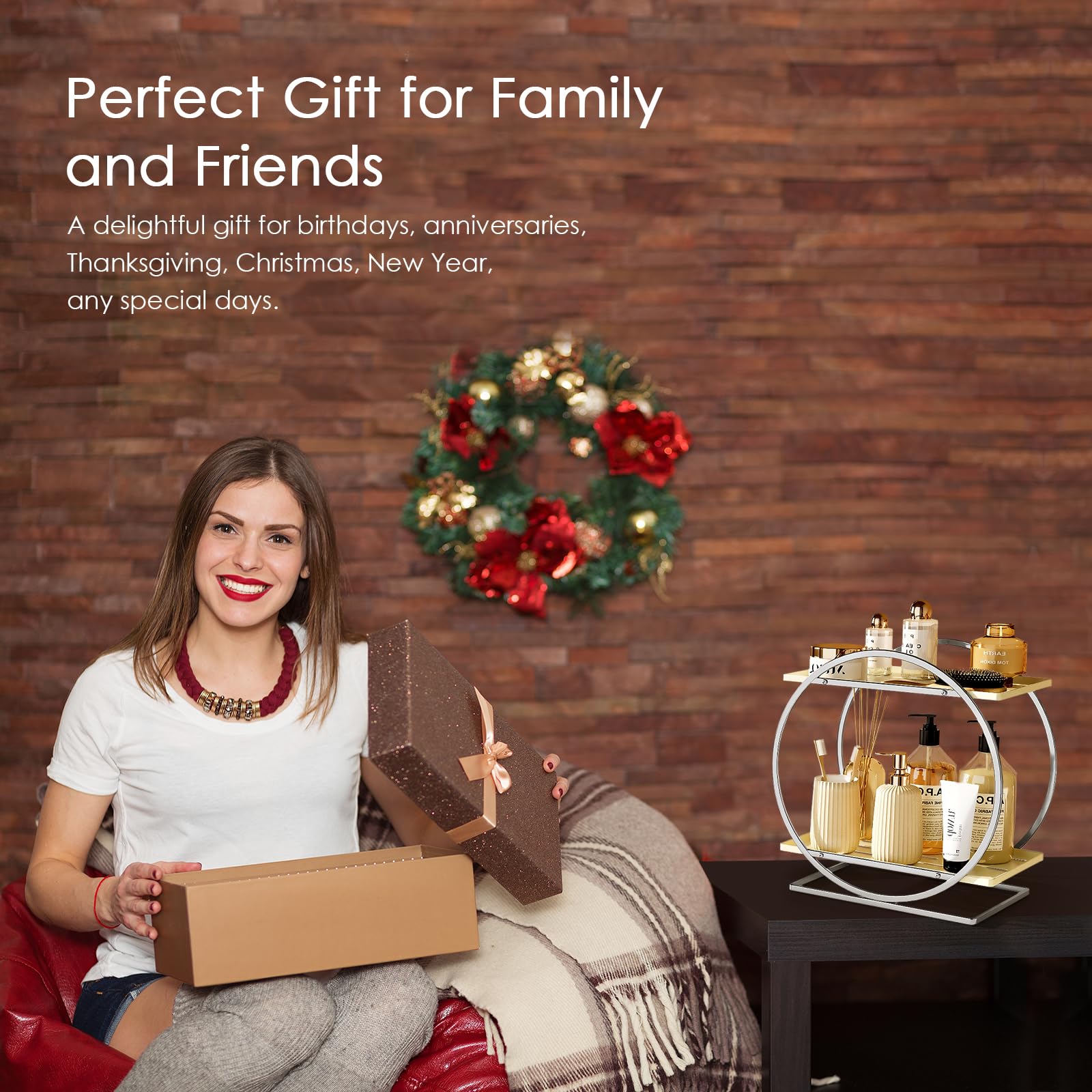 2-Tier Makeup Organizer - Modern Elegant Black & Gold Countertop Perfume & Cosmetics Display Shelf