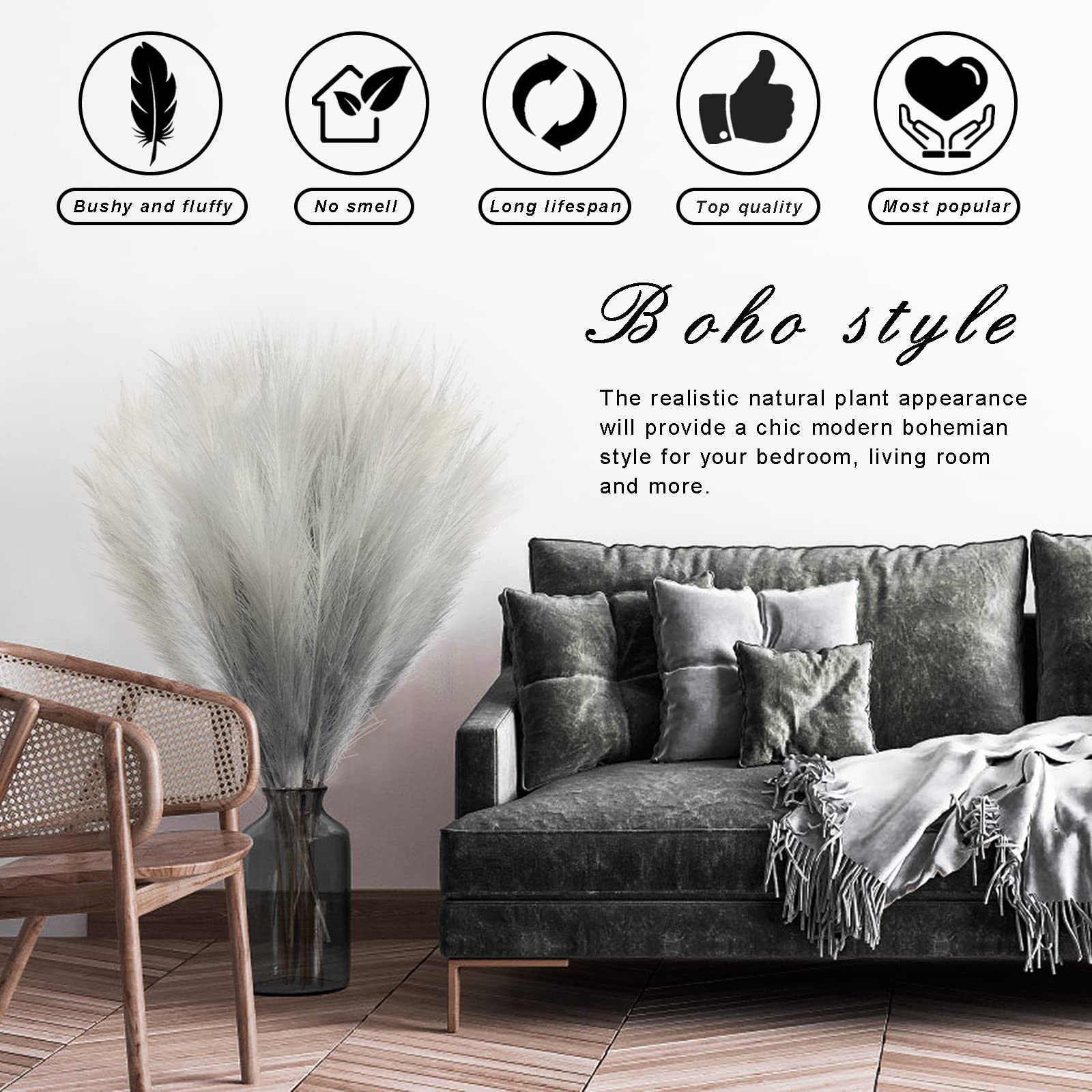 8Pcs 3FT Grey Colorful Faux Pampas Grass for Boho Decor, KALYLOC Non-Shedding Fluffy Artificial Bulrush, Tall Reed Fluffy Stems Vase Filler Living Room Wedding Decoration