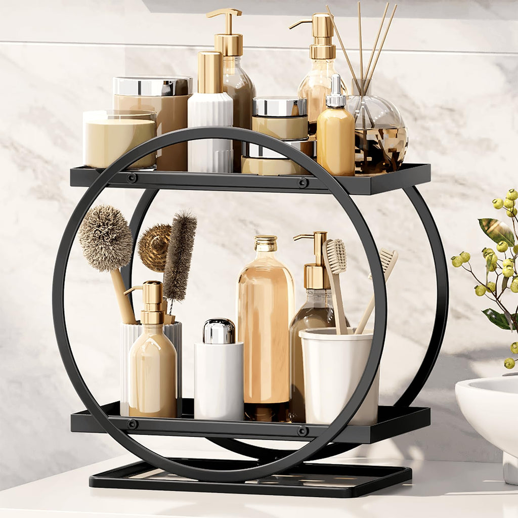 2-Tier Makeup Organizer - Modern Elegant Black & Gold Countertop Perfume & Cosmetics Display Shelf
