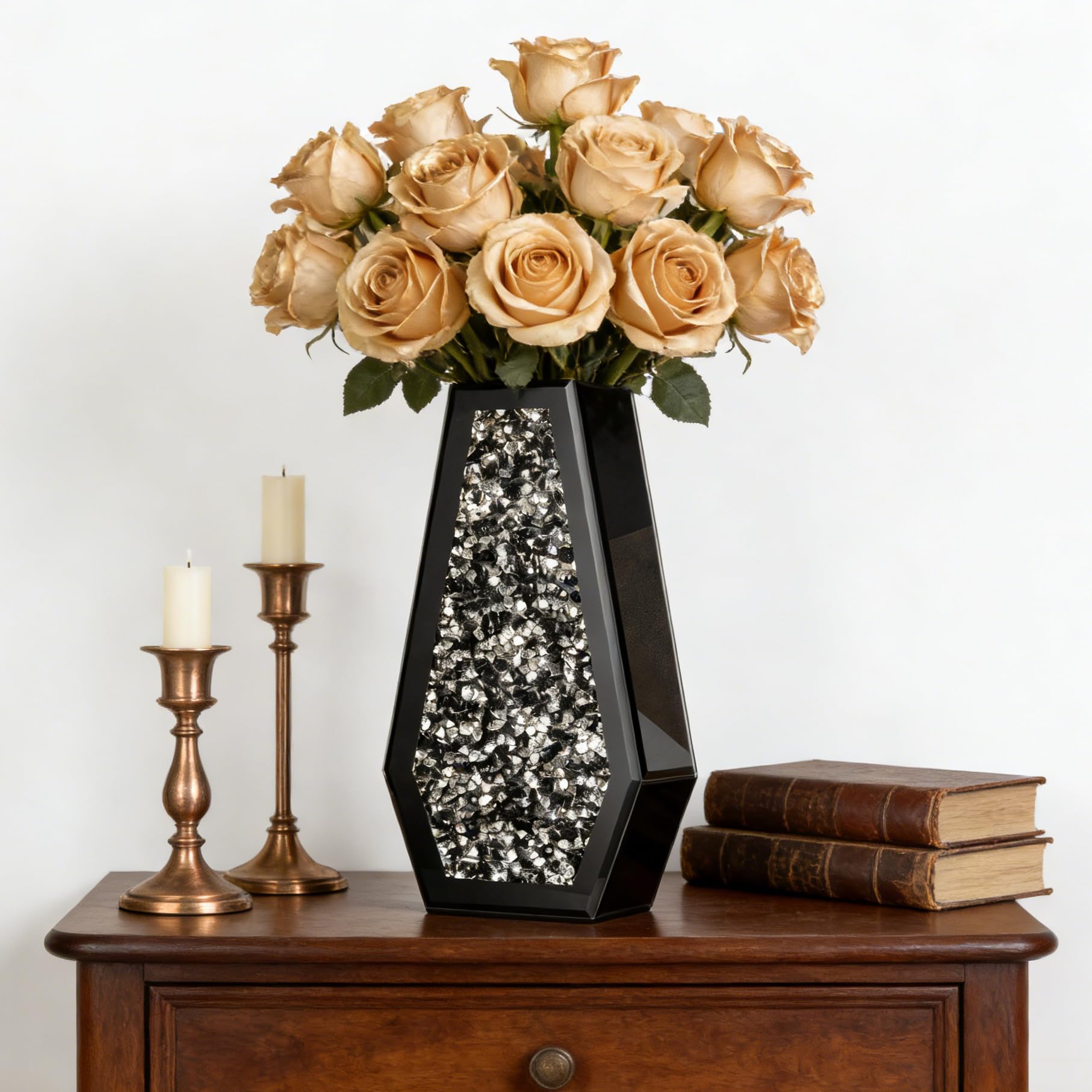 SHYFOY Crushed Diamond Flower Vases Decorative Large Clear Glass Mirrored Vase Black Crystal Vase for Home Decor Can Not Hold Water,36.5H cm