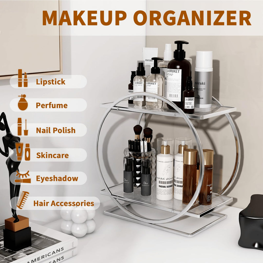 2-Tier Makeup Organizer - Modern Elegant Black & Gold Countertop Perfume & Cosmetics Display Shelf