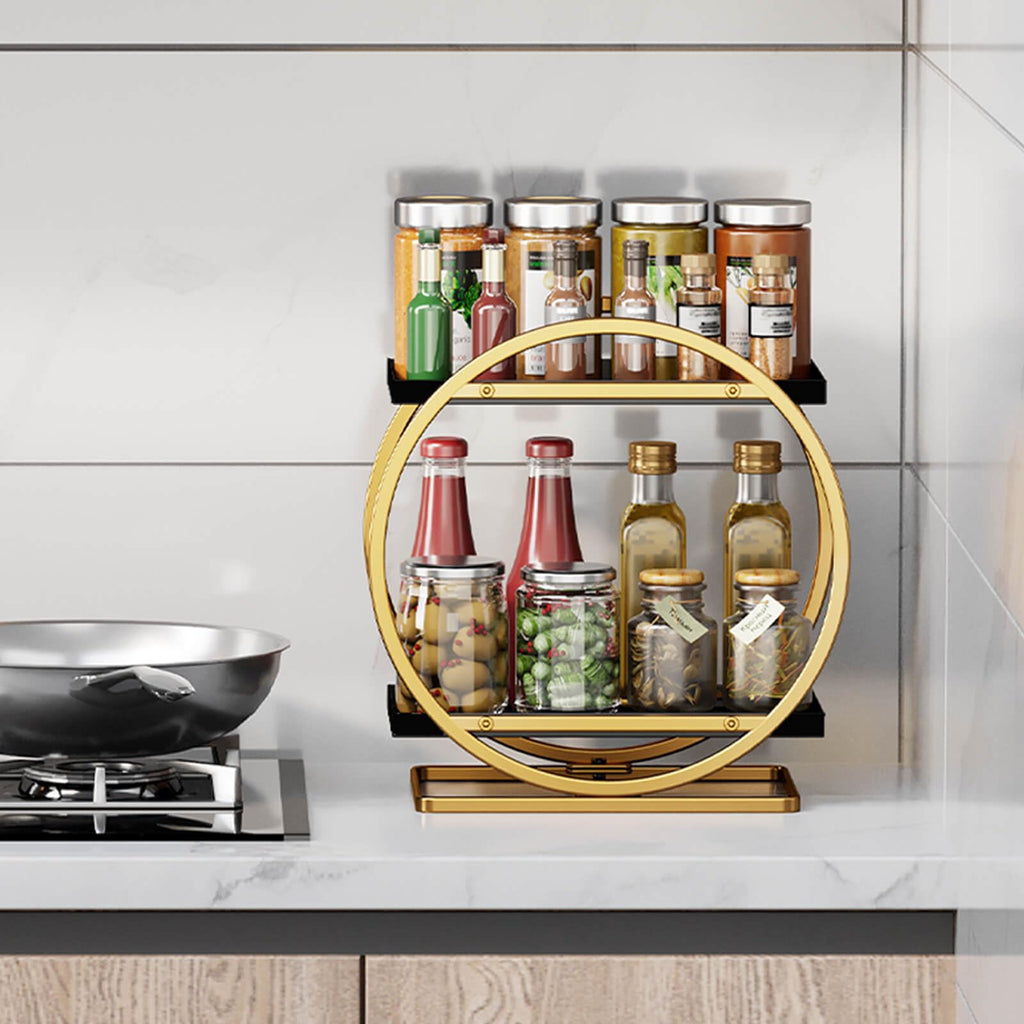 2-Tier Makeup Organizer - Modern Elegant Black & Gold Countertop Perfume & Cosmetics Display Shelf