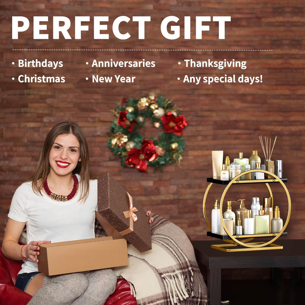 2-Tier Makeup Organizer - Modern Elegant Black & Gold Countertop Perfume & Cosmetics Display Shelf