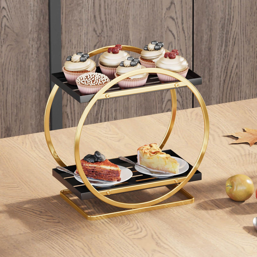 2-Tier Makeup Organizer - Modern Elegant Black & Gold Countertop Perfume & Cosmetics Display Shelf