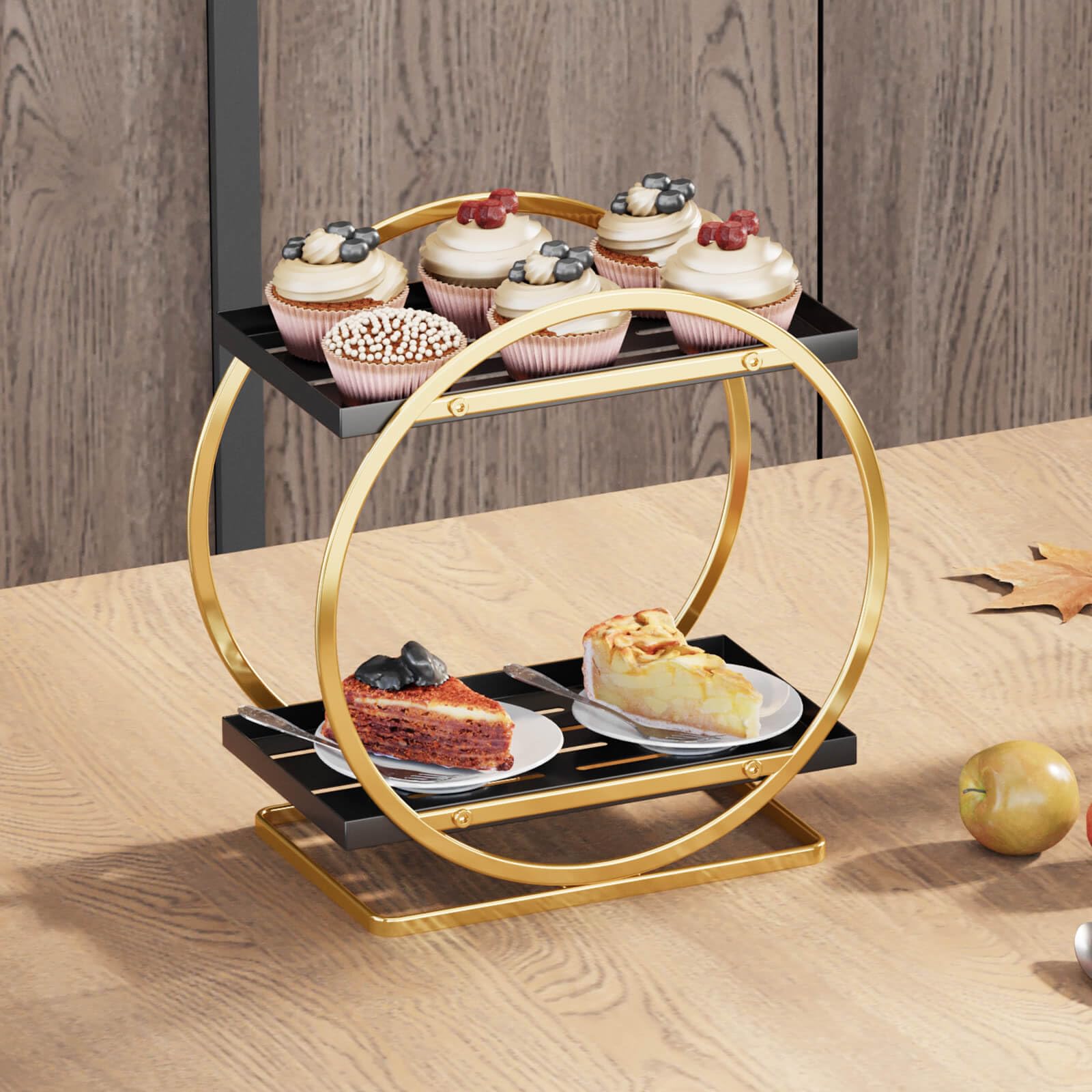 2-Tier Makeup Organizer - Modern Elegant Black & Gold Countertop Perfume & Cosmetics Display Shelf