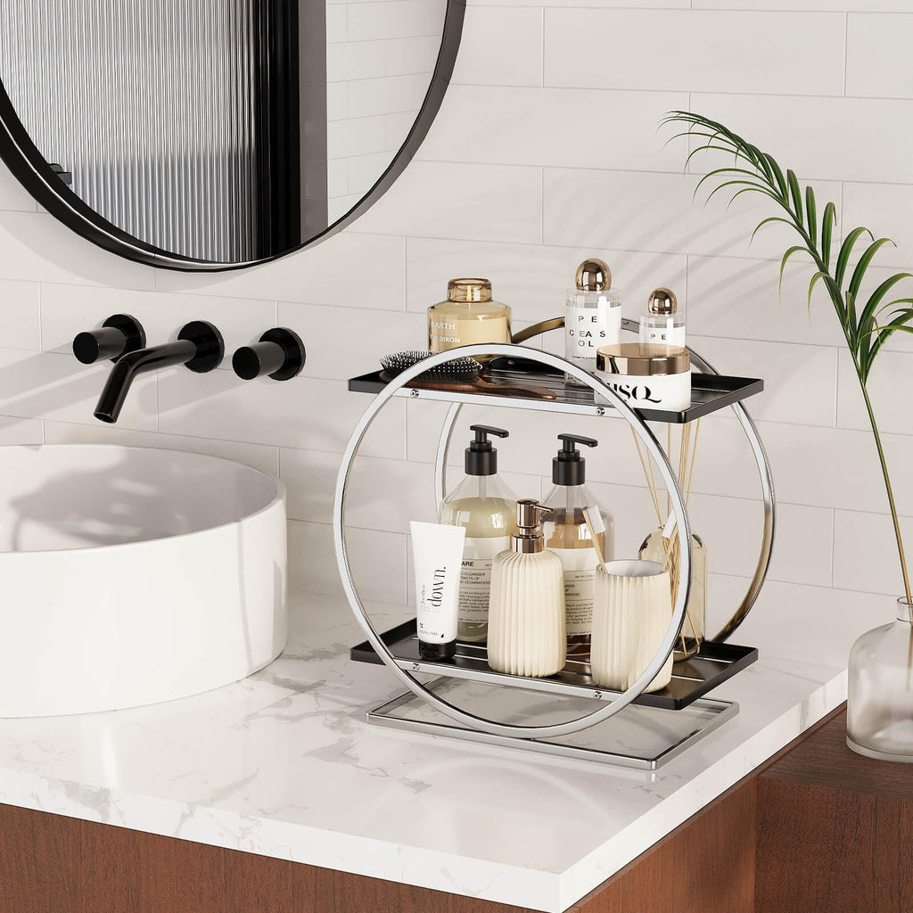 2-Tier Makeup Organizer - Modern Elegant Black & Gold Countertop Perfume & Cosmetics Display Shelf