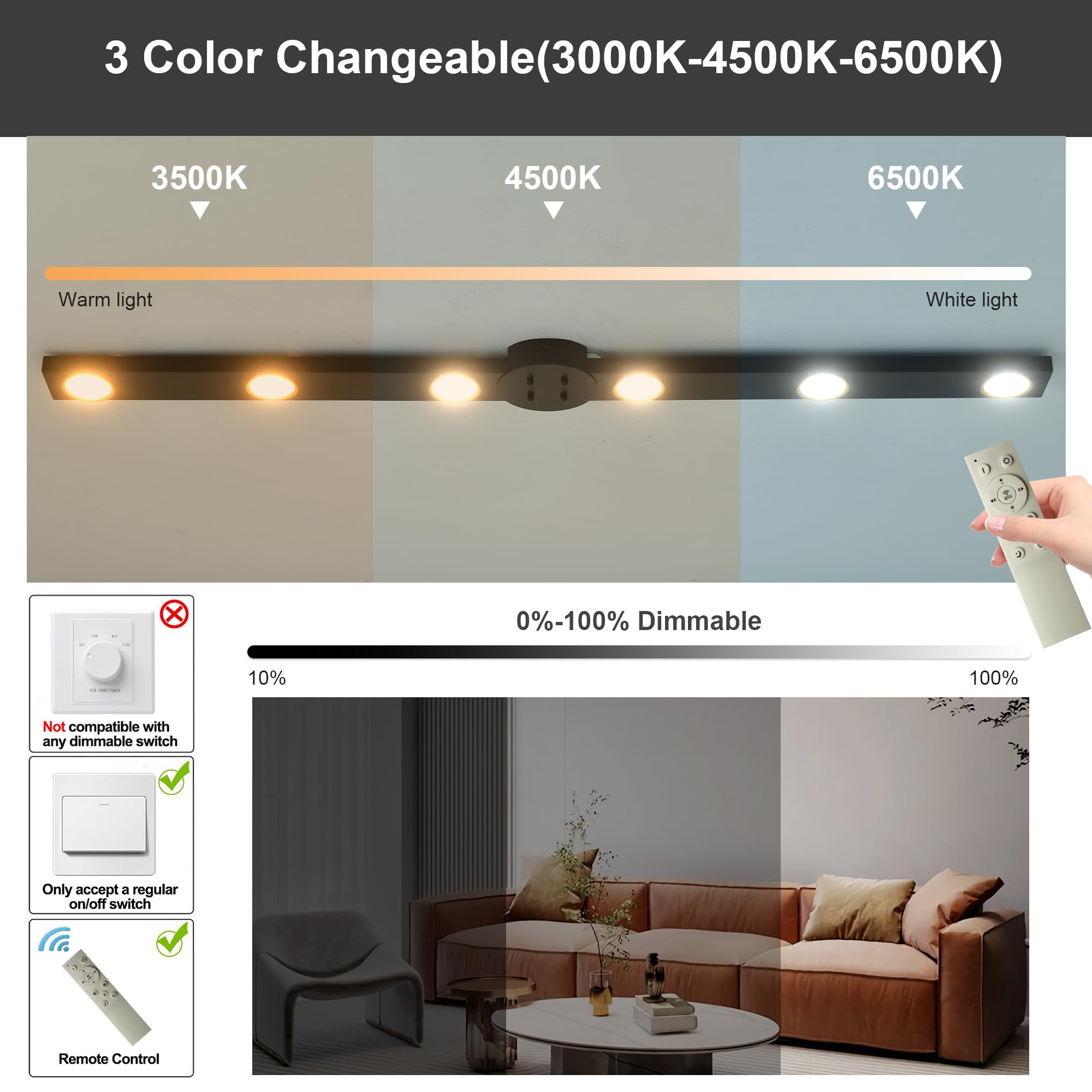 Garwarm Modern Ceiling Light Track Lighting, 31.5 Inch Dimmable LED Kitchen Ceiling Light Fixture with Remote 4-Light LED Chandelier for Bedroom Dining Room Black