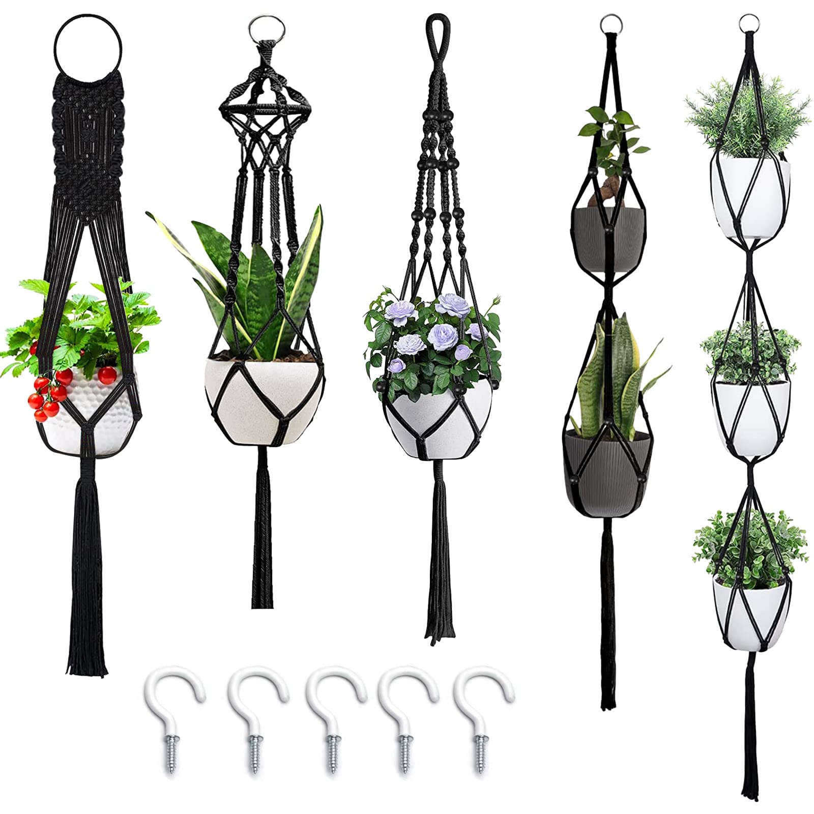 Macrame Plant Hangers, Hanging Planters Set of 5 with 5 Hooks, Hanging Planters for Indoor and Outdoor Plant Décor, Boho Decorations Hanging 8 pots of Plants (Black)