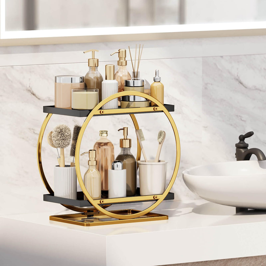 2-Tier Makeup Organizer - Modern Elegant Black & Gold Countertop Perfume & Cosmetics Display Shelf