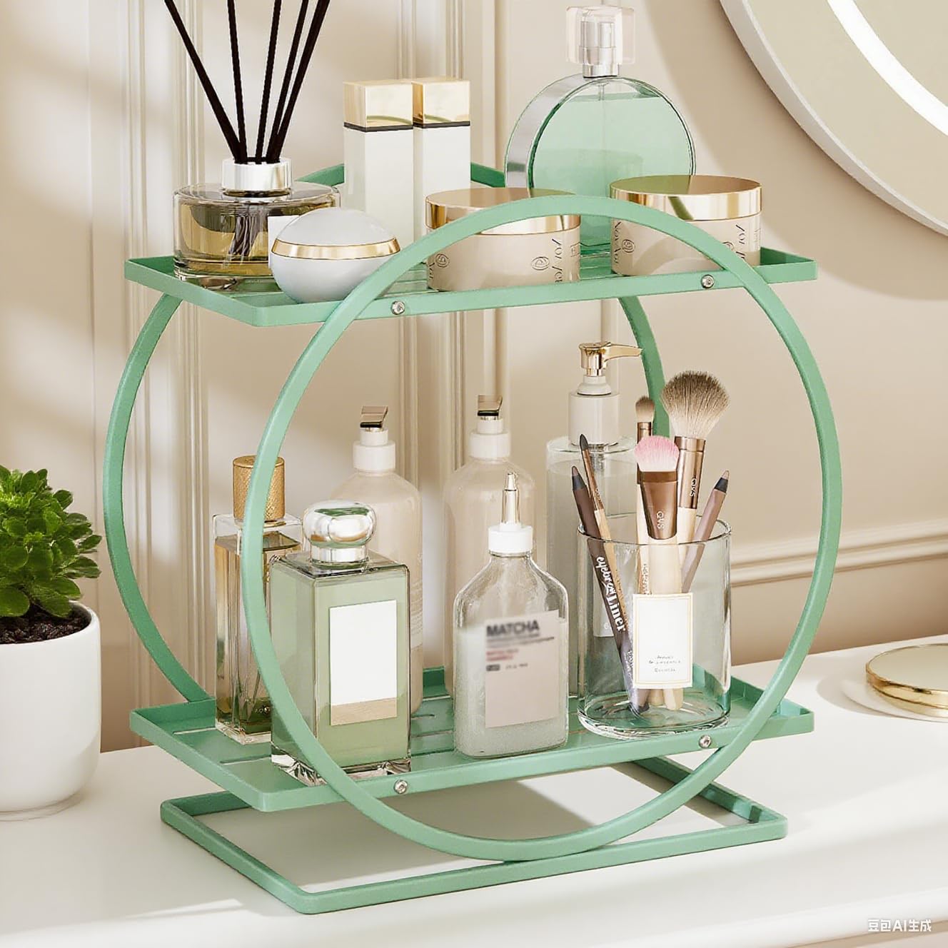 2-Tier Makeup Organizer - Modern Elegant Black & Gold Countertop Perfume & Cosmetics Display Shelf