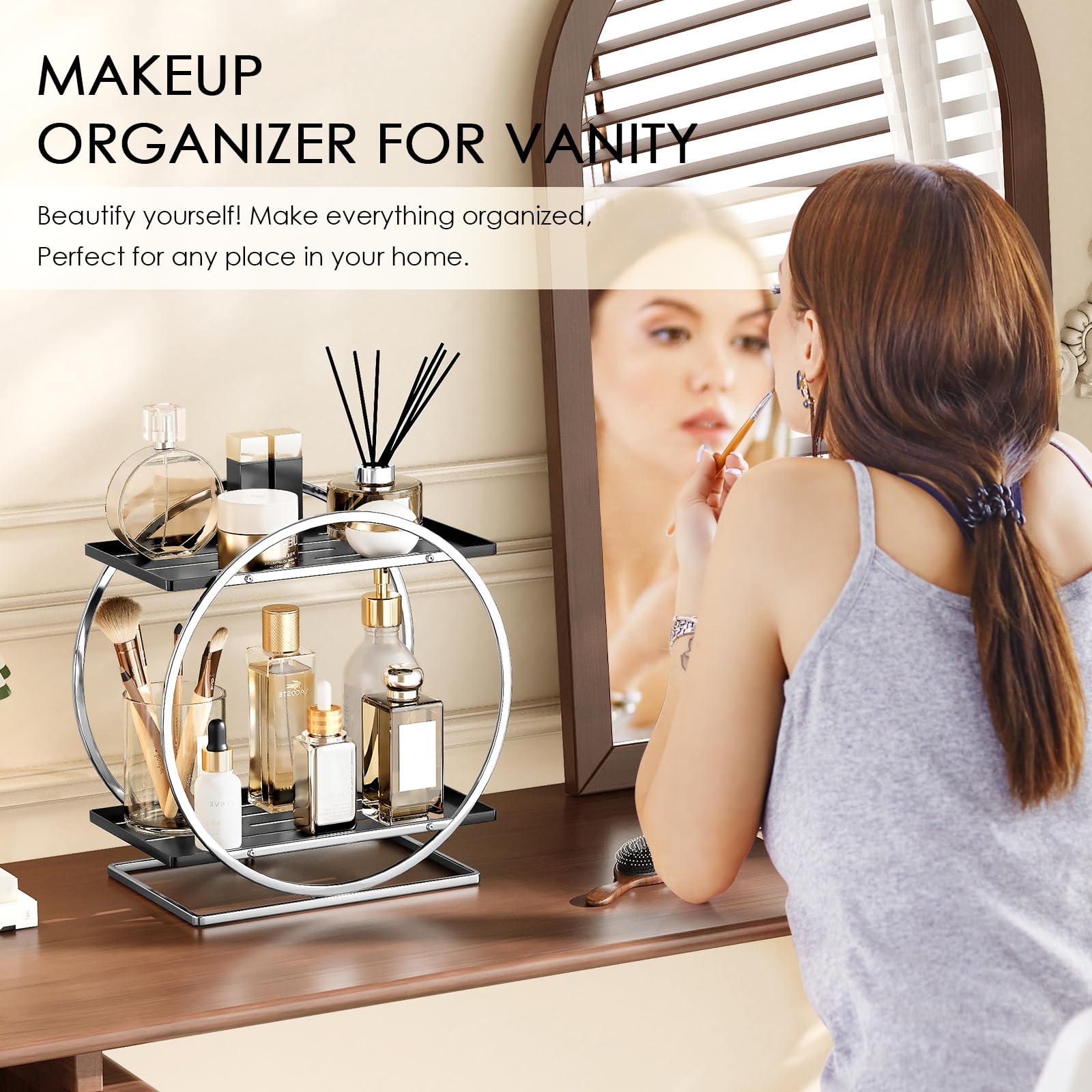 2-Tier Makeup Organizer - Modern Elegant Black & Gold Countertop Perfume & Cosmetics Display Shelf