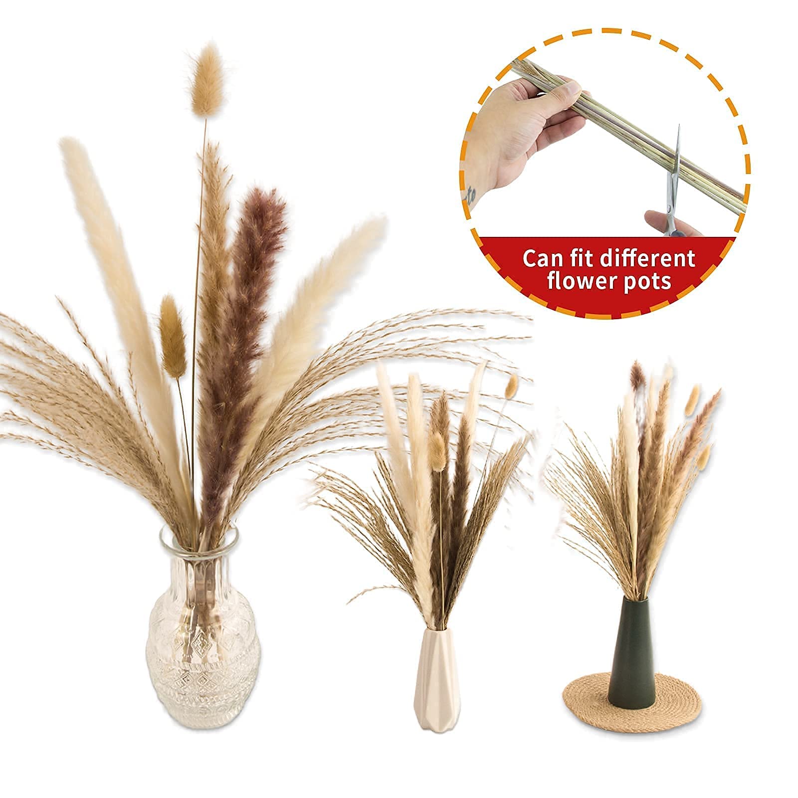 Artificial Pampas Grass Decor, 100 PCS Pampas Grass Contains Bunny Tails Dried Flowers, Reed Grass Bouquet for Wedding Boho Flowers Home Table Decor, Rustic Farmhouse Party (White and Brown)