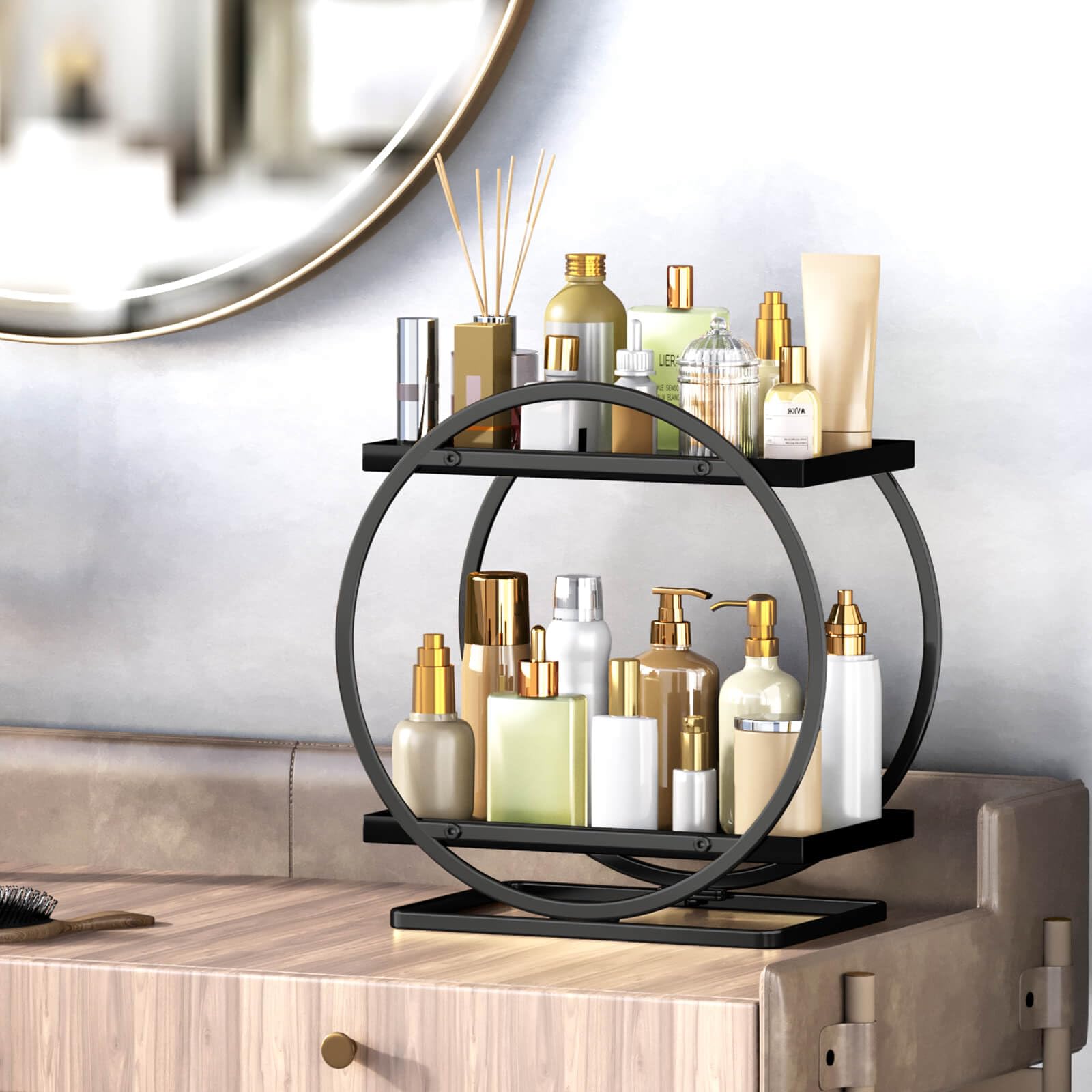 2-Tier Makeup Organizer - Modern Elegant Black & Gold Countertop Perfume & Cosmetics Display Shelf
