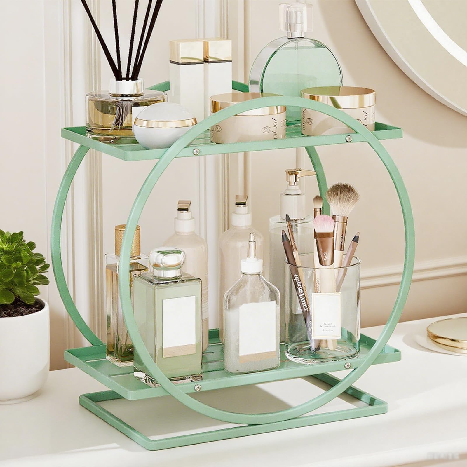 2-Tier Makeup Organizer - Modern Elegant Black & Gold Countertop Perfume & Cosmetics Display Shelf