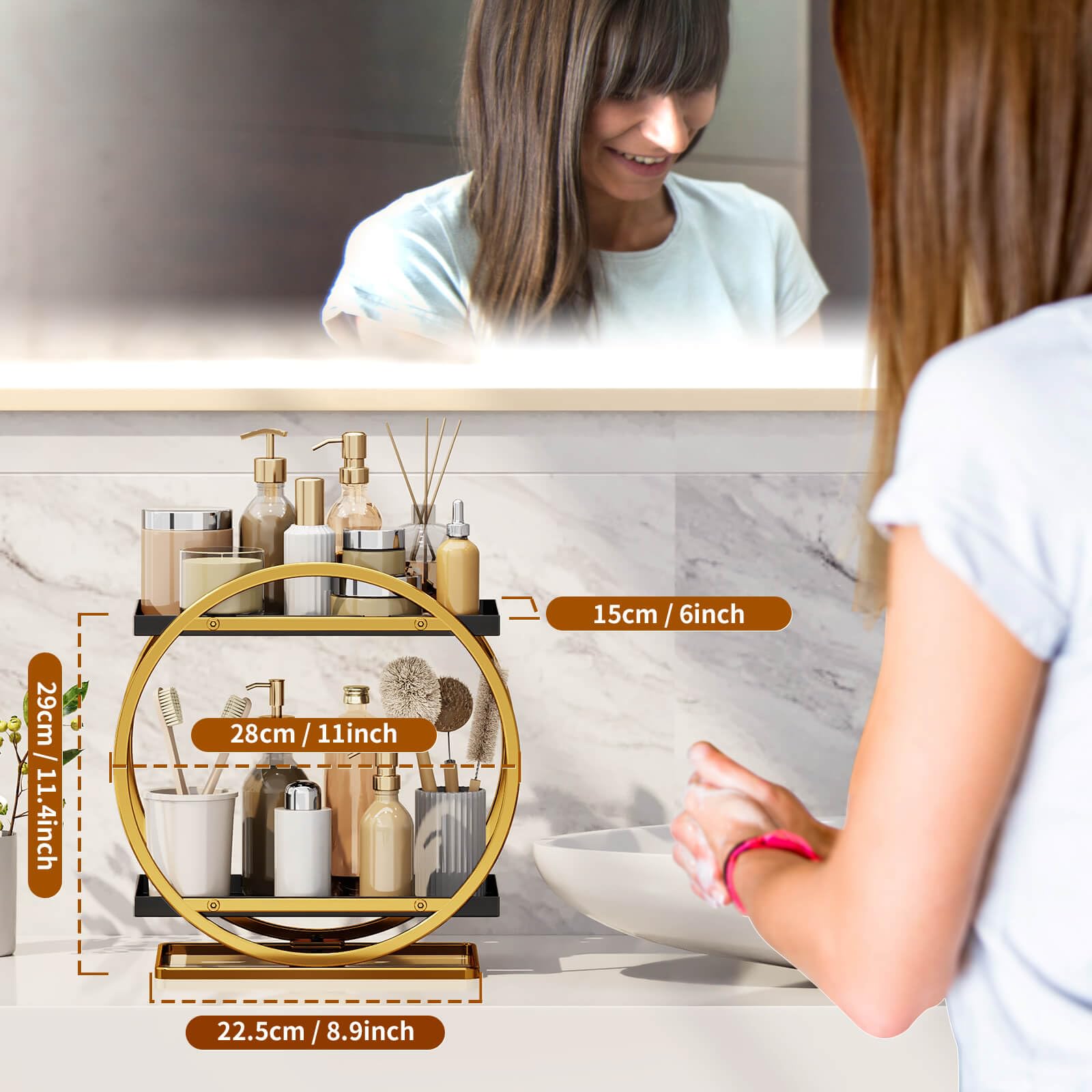 2-Tier Makeup Organizer - Modern Elegant Black & Gold Countertop Perfume & Cosmetics Display Shelf