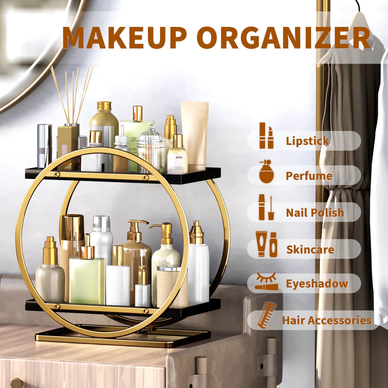 2-Tier Makeup Organizer - Modern Elegant Black & Gold Countertop Perfume & Cosmetics Display Shelf