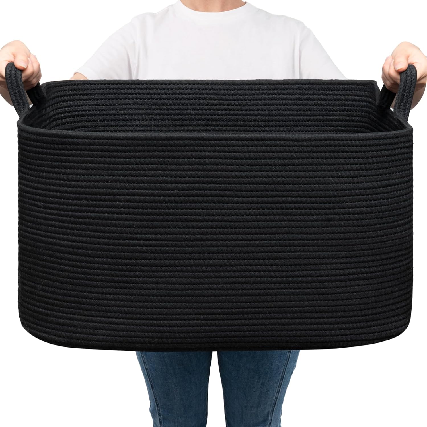 Goodpick Woven Basket for Storage 65L, Blanket Basket for Living Room Home Décor,Rectangle Rope Laundry Basket with Handles Large Toy Storage Basket for Baby, Kids, 21.6" x 14.9" x 11.8"