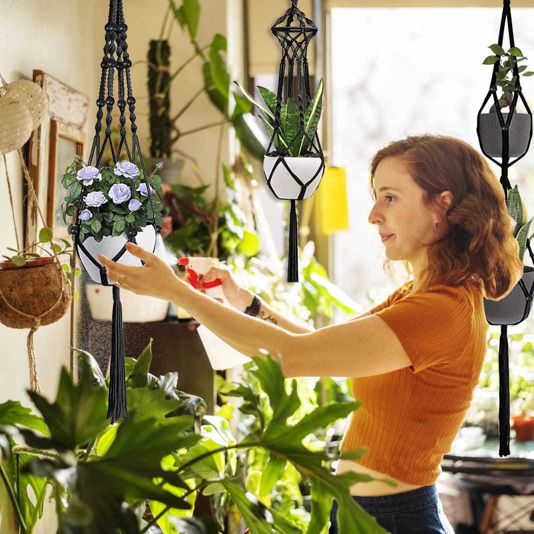 Macrame Plant Hangers, Hanging Planters Set of 5 with 5 Hooks, Hanging Planters for Indoor and Outdoor Plant Décor, Boho Decorations Hanging 8 pots of Plants (Black)