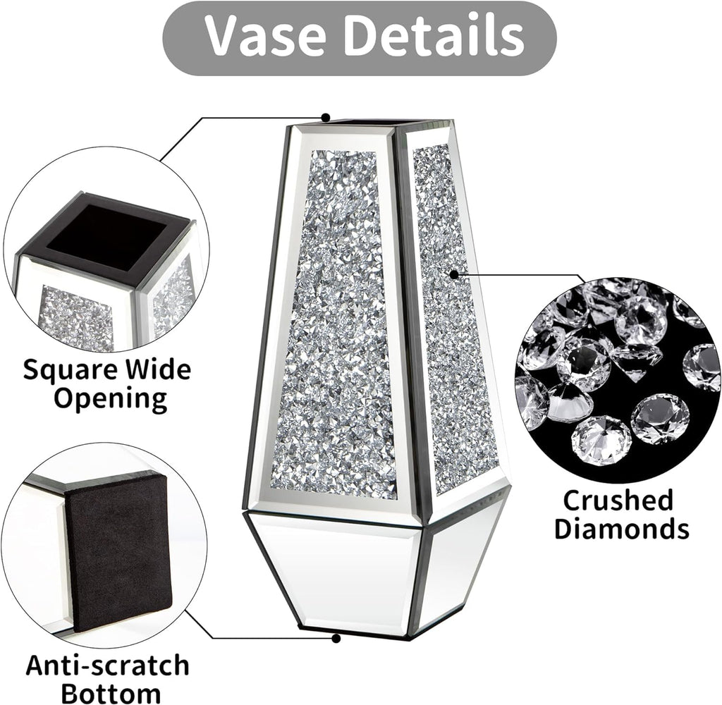 SHYFOY Crushed Diamond Flower Vases Decorative Large Clear Glass Mirrored Vase Black Crystal Vase for Home Decor Can Not Hold Water,36.5H cm