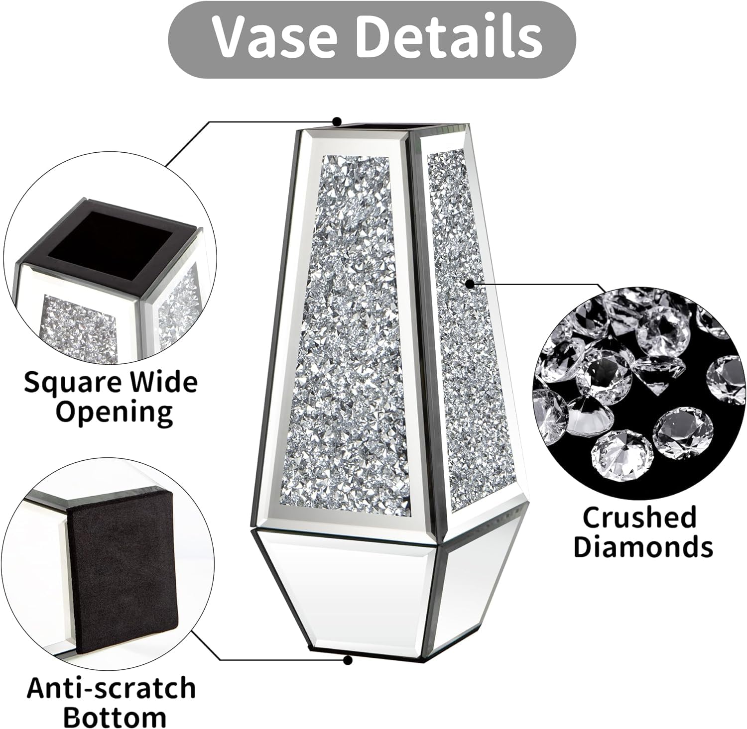 SHYFOY Crushed Diamond Flower Vases Decorative Large Clear Glass Mirrored Vase Black Crystal Vase for Home Decor Can Not Hold Water,36.5H cm