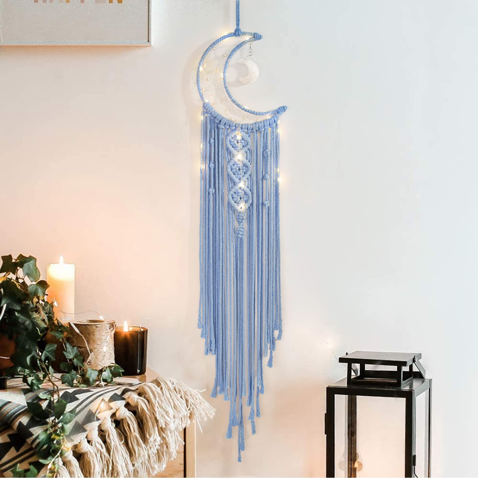 Boho Macrame Woven Wall Hanging, Crochet Crescent Moon Star Dream Catcher with Long Tassel- White Cotton Cord Handmade Bohemian Home Decor Ornament Decoration Art Craft Gift for Kids Bedroom (White)