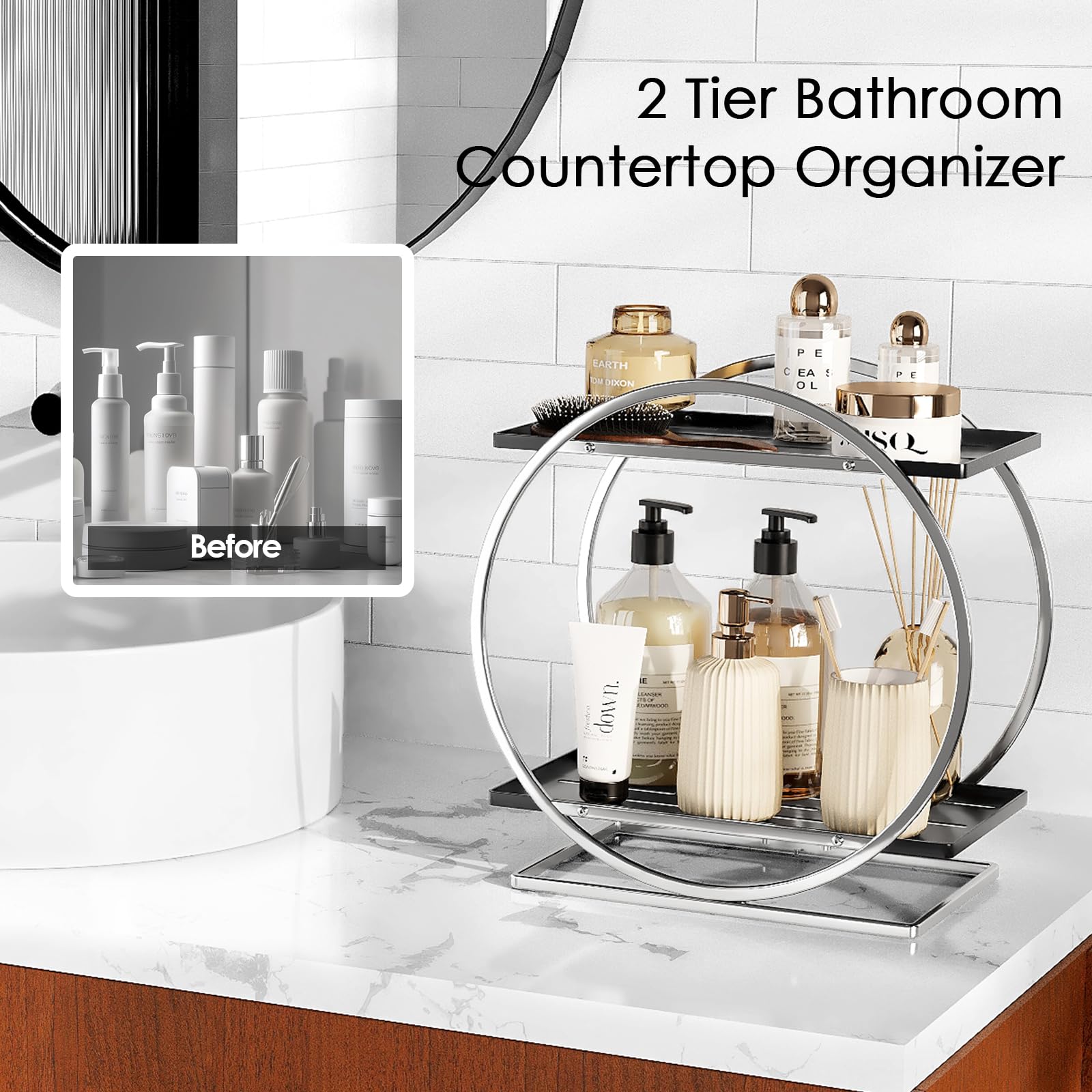 2-Tier Makeup Organizer - Modern Elegant Black & Gold Countertop Perfume & Cosmetics Display Shelf