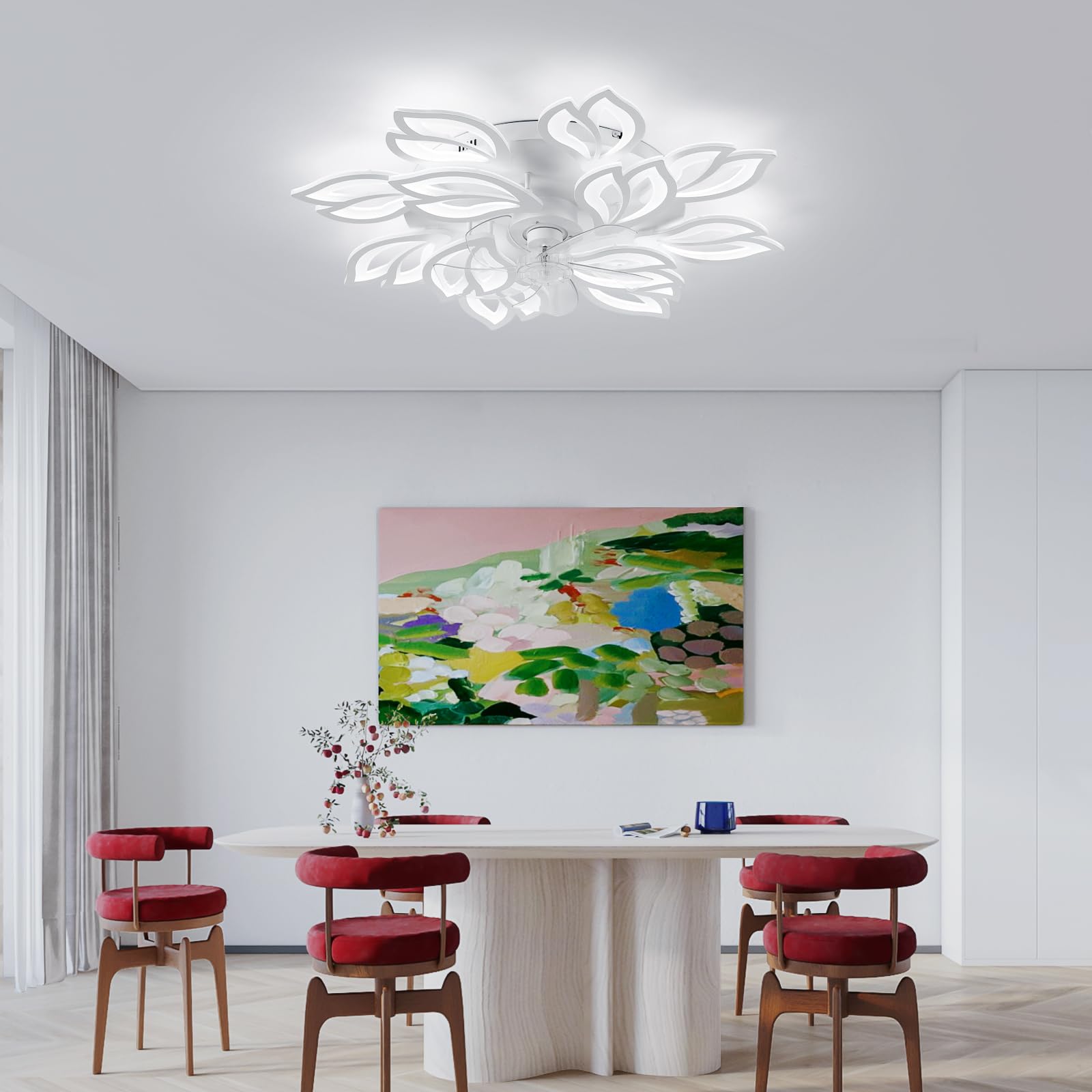 Becailyer 31.4" Modern Ceiling Fan with Lights, LED Flush Mount Ceiling Fans with Remote Control, Dimmable Reversible 3 Colors 6 Speeds, Low Profile 12-Leaves Ceiling Fan for Living Room, Black