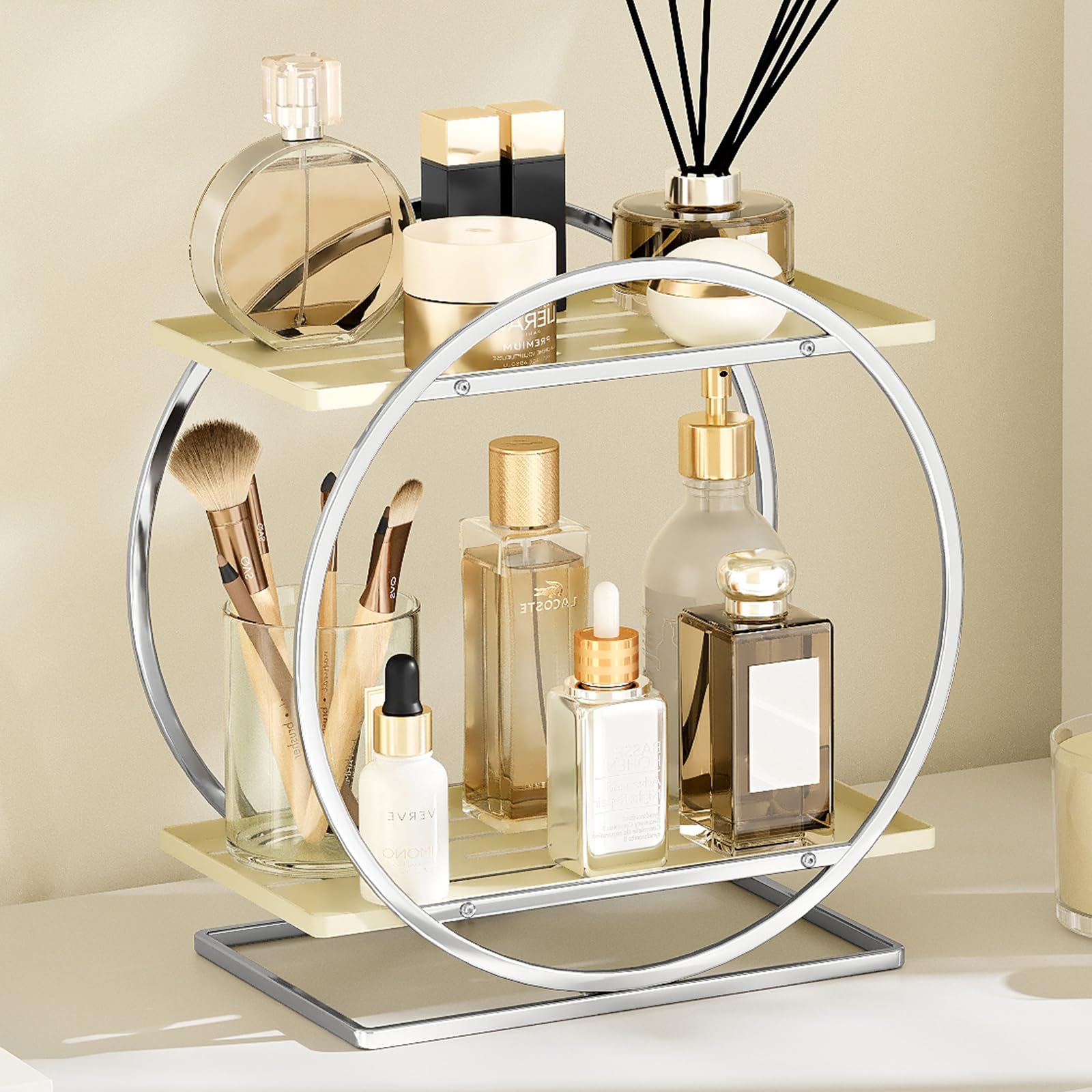 2-Tier Makeup Organizer - Modern Elegant Black & Gold Countertop Perfume & Cosmetics Display Shelf