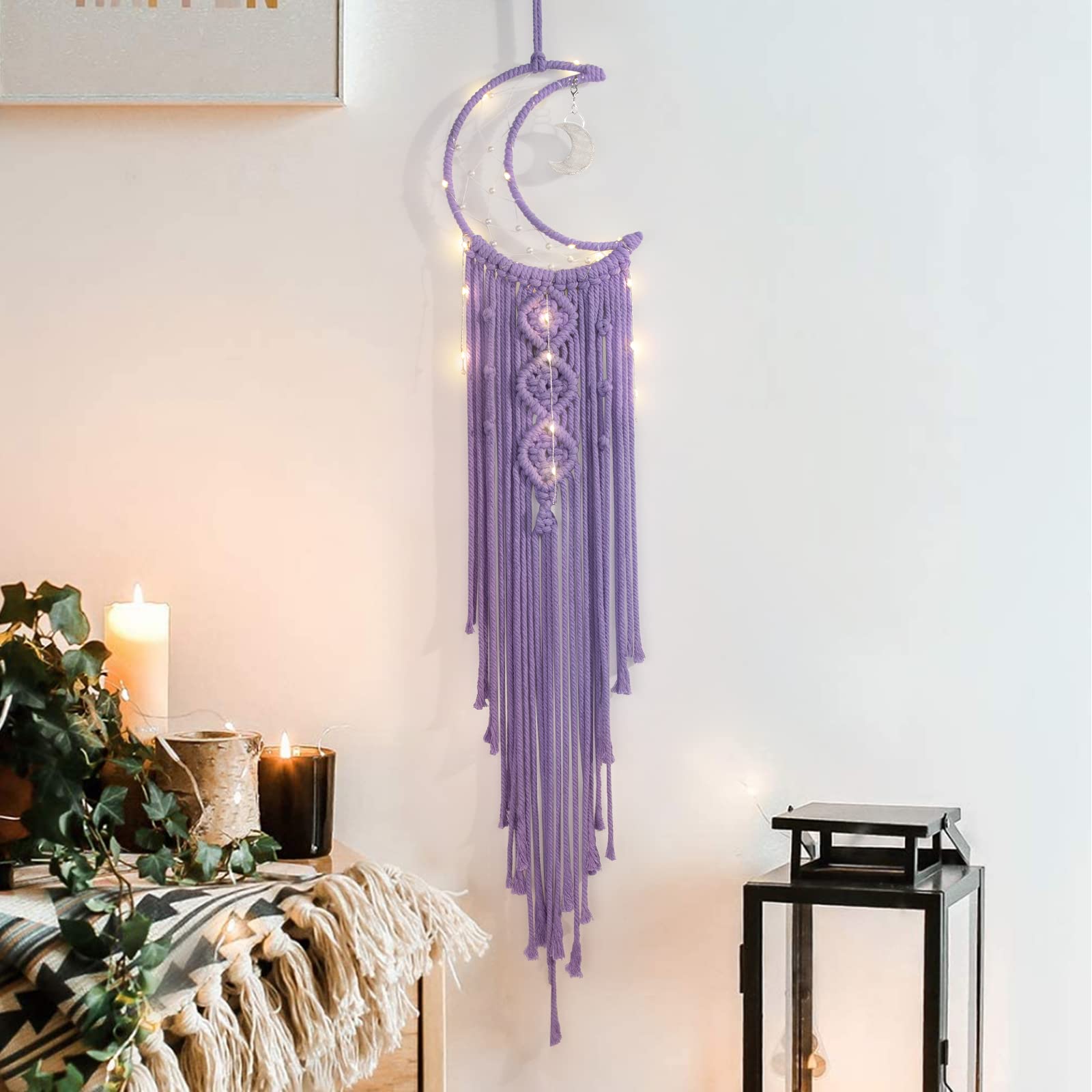 Boho Macrame Woven Wall Hanging, Crochet Crescent Moon Star Dream Catcher with Long Tassel- White Cotton Cord Handmade Bohemian Home Decor Ornament Decoration Art Craft Gift for Kids Bedroom (White)