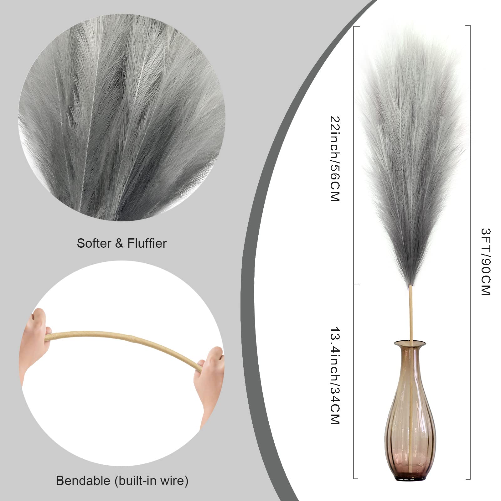 8Pcs 3FT Grey Colorful Faux Pampas Grass for Boho Decor, KALYLOC Non-Shedding Fluffy Artificial Bulrush, Tall Reed Fluffy Stems Vase Filler Living Room Wedding Decoration