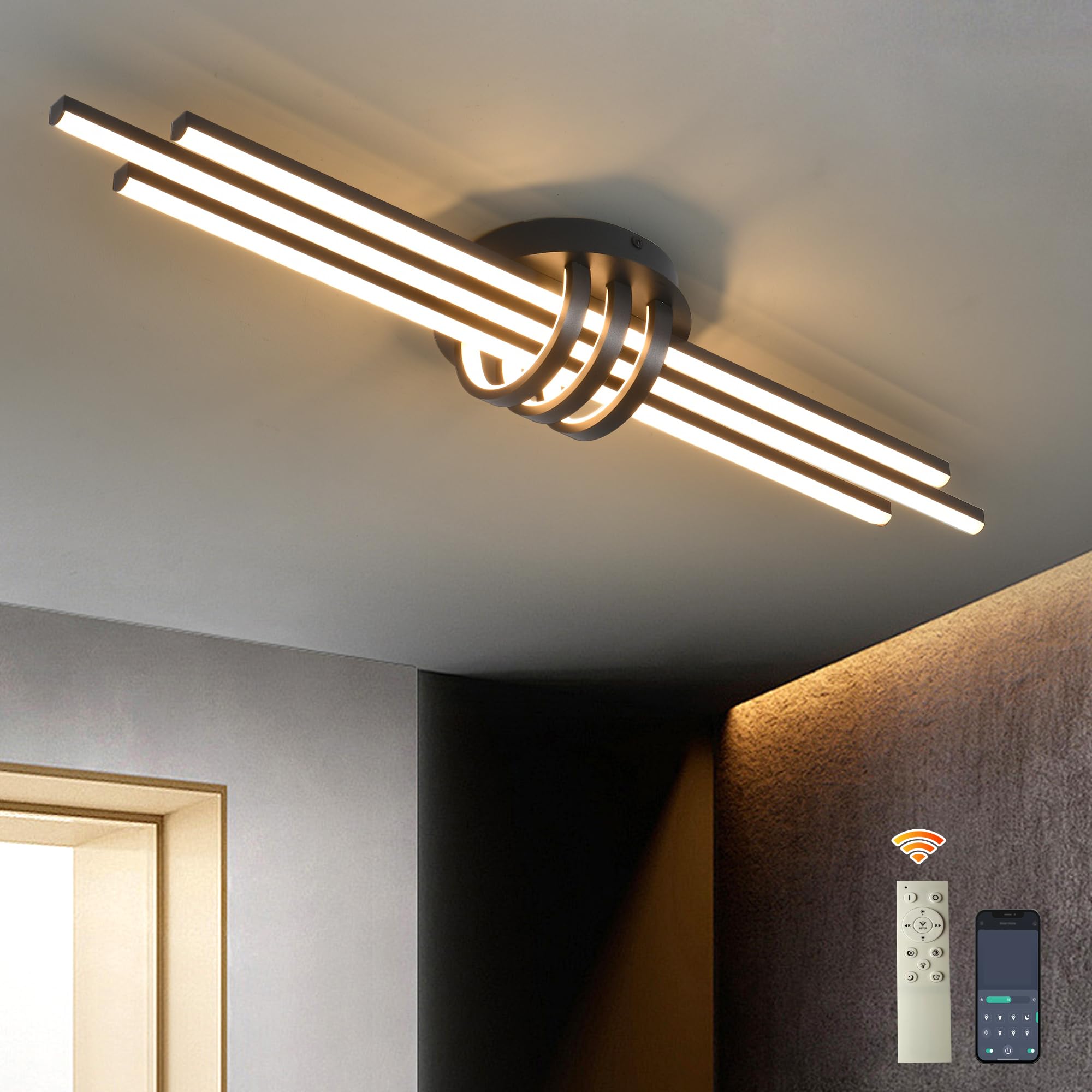 Garwarm Modern Ceiling Light Track Lighting, 31.5 Inch Dimmable LED Kitchen Ceiling Light Fixture with Remote 4-Light LED Chandelier for Bedroom Dining Room Black