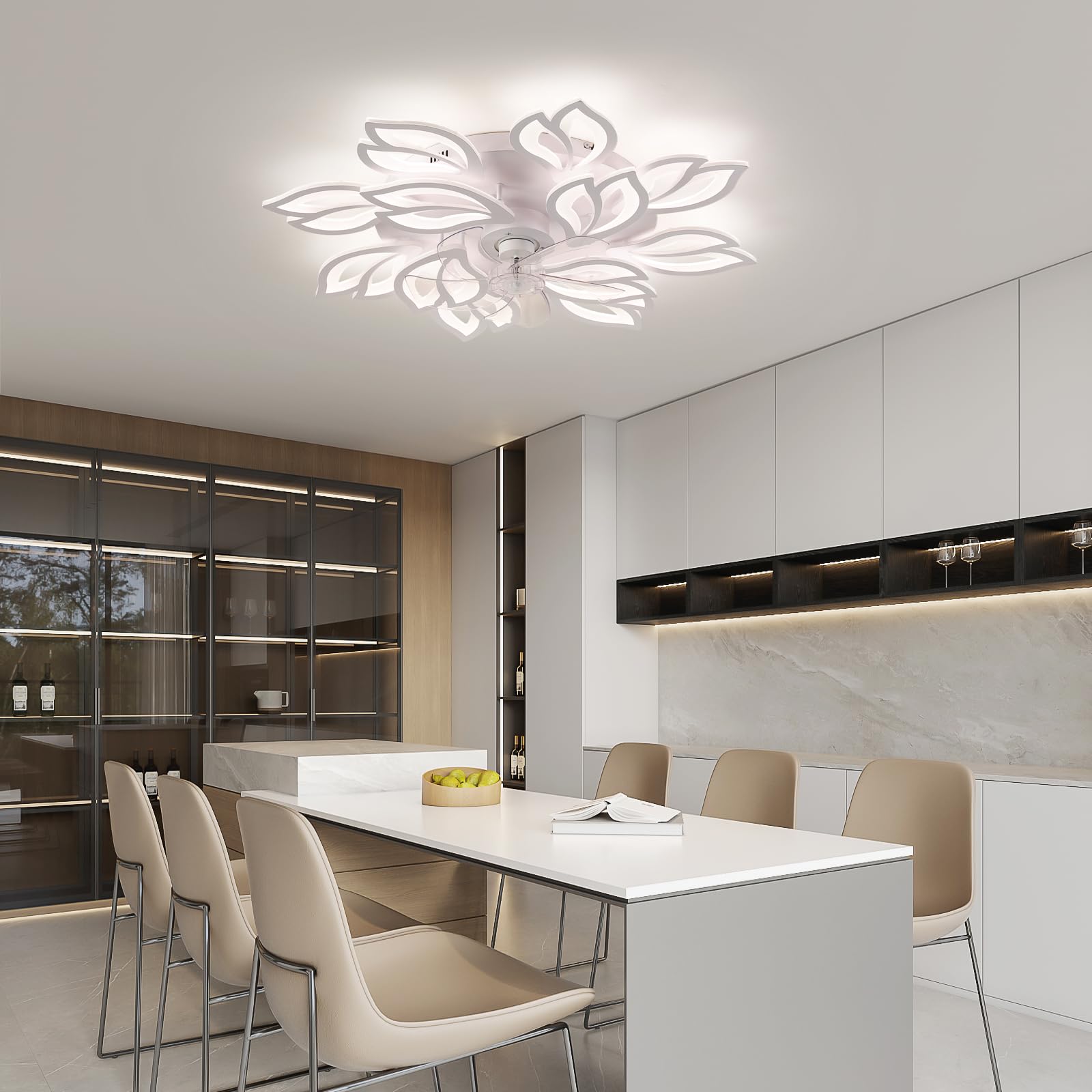 Becailyer 31.4" Modern Ceiling Fan with Lights, LED Flush Mount Ceiling Fans with Remote Control, Dimmable Reversible 3 Colors 6 Speeds, Low Profile 12-Leaves Ceiling Fan for Living Room, Black