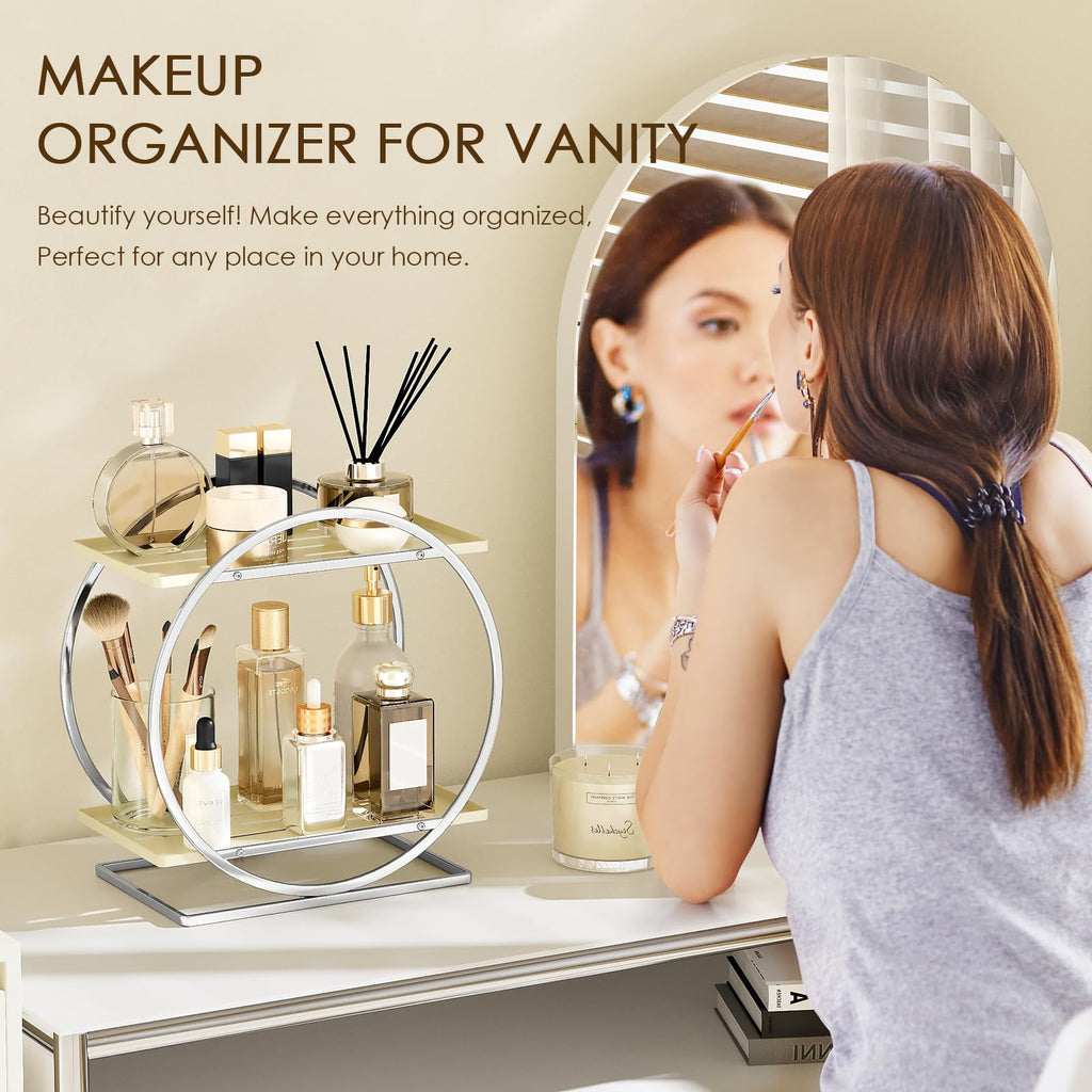 2-Tier Makeup Organizer - Modern Elegant Black & Gold Countertop Perfume & Cosmetics Display Shelf