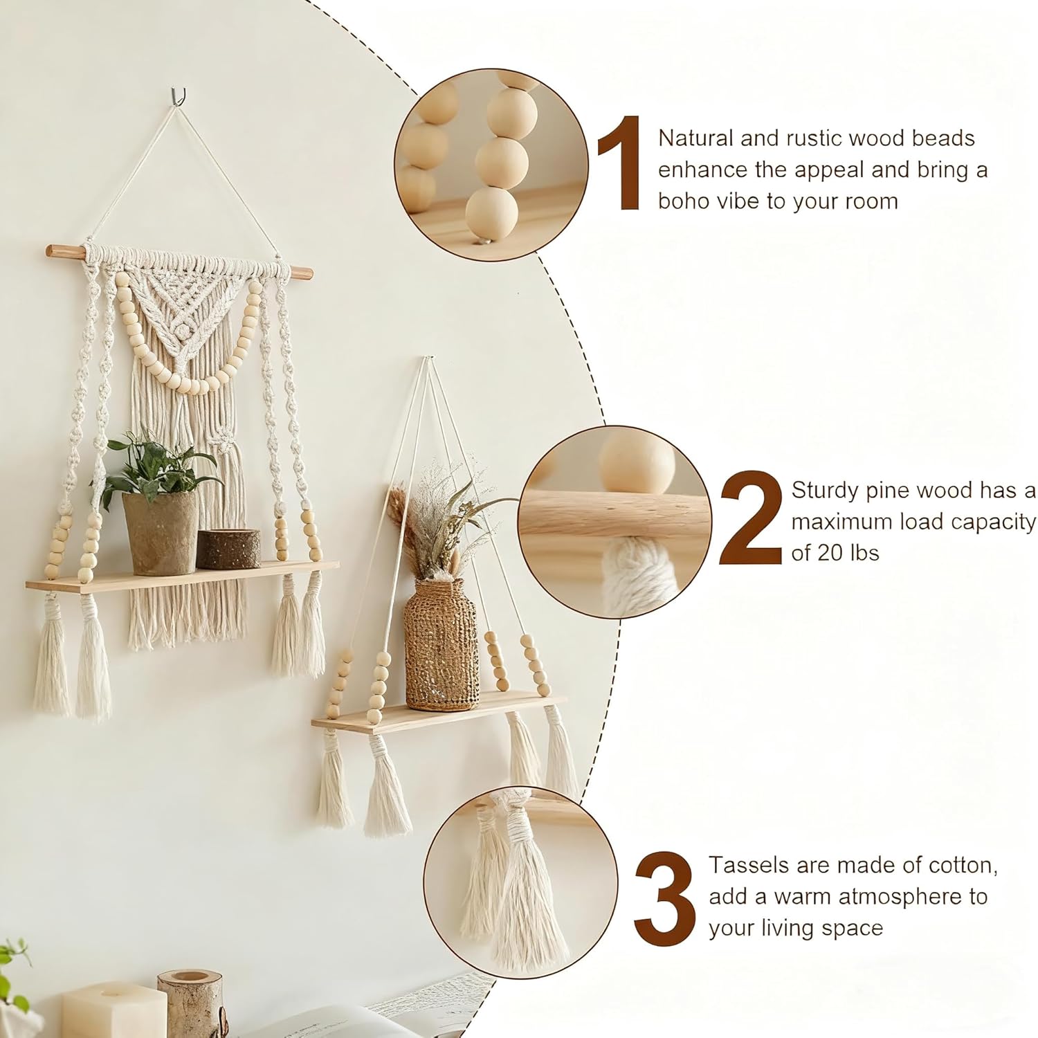 Macrame Wall Hanging Decor Shelf, Tassel Woven Macramé Self,Boho Wall Hanging Self for Small Plants Photo Frames,Handmade Woven Wooden Floating Shelf for Home Living Room Bedroom Balcony Decor