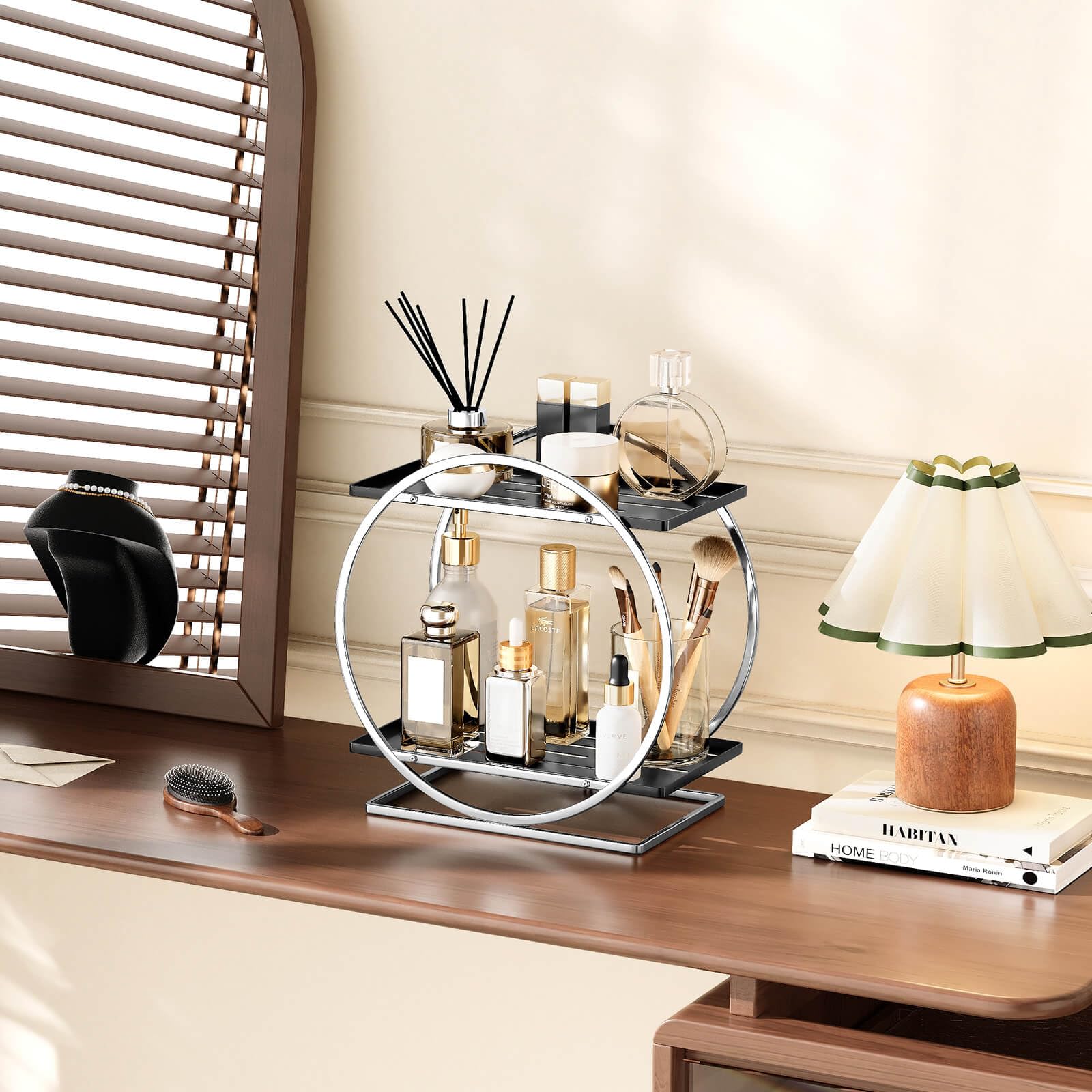 2-Tier Makeup Organizer - Modern Elegant Black & Gold Countertop Perfume & Cosmetics Display Shelf